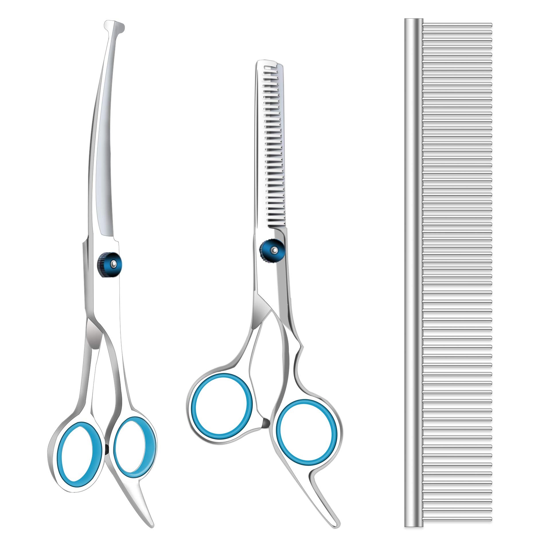Professional Dog Grooming Scissors Set - 3-Piece Titanium Pet Trimming Kit with Safety Round Tips, Thinning Shears & Curved Scissors for Dogs & Cats | Perfect for Home Grooming, Pet Salon & Professional Use
