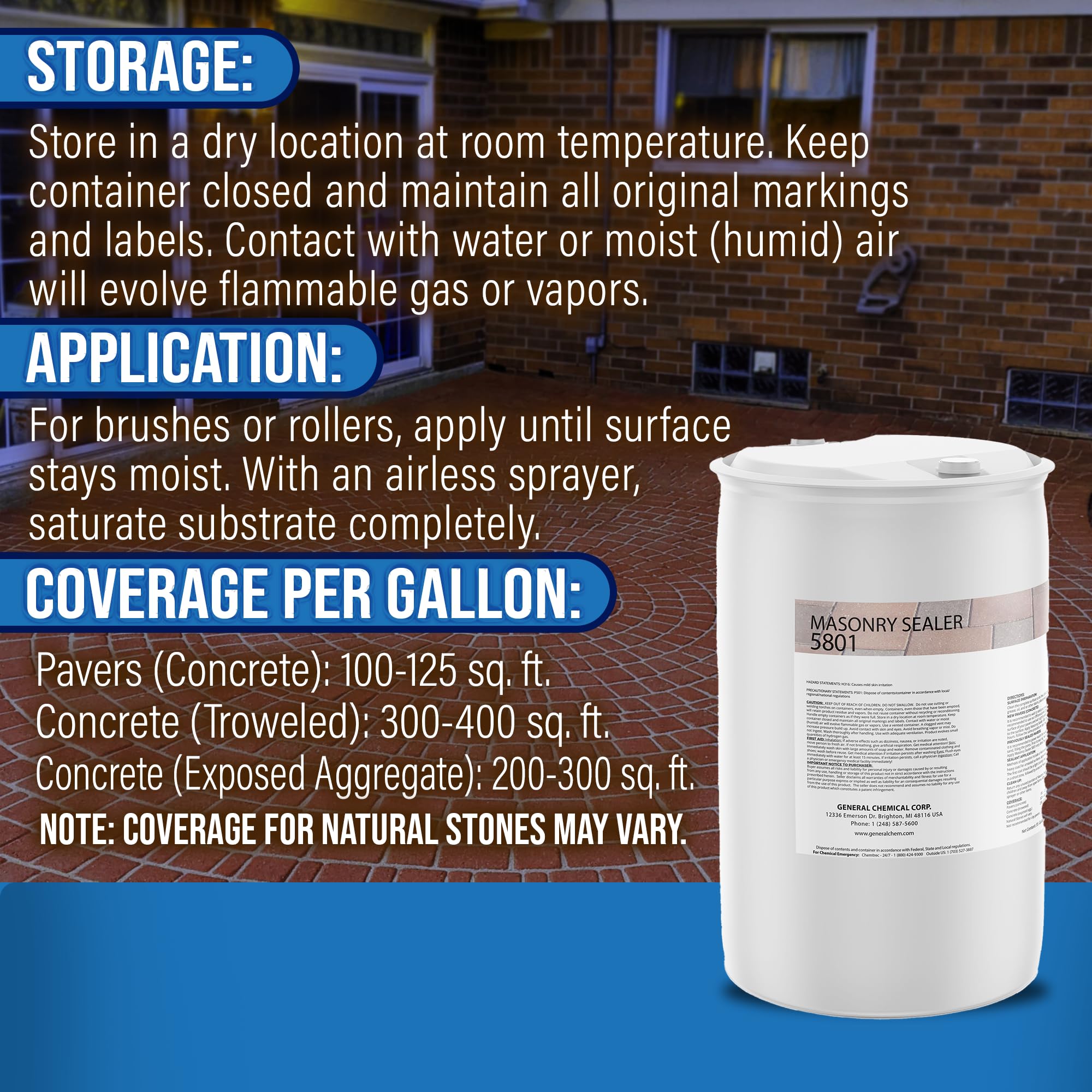 DeckGeneral Masonry Sealer 5801 - Clear Silane Siloxane Waterproof Coating for Concrete, Stone, Brick & Mortar - Long-Lasting Protection for Driveways, Sidewalks, Patios & Outdoor Surfaces (55 Gallon) - Ideal for Weatherproofing & Enhancing Curb Appeal