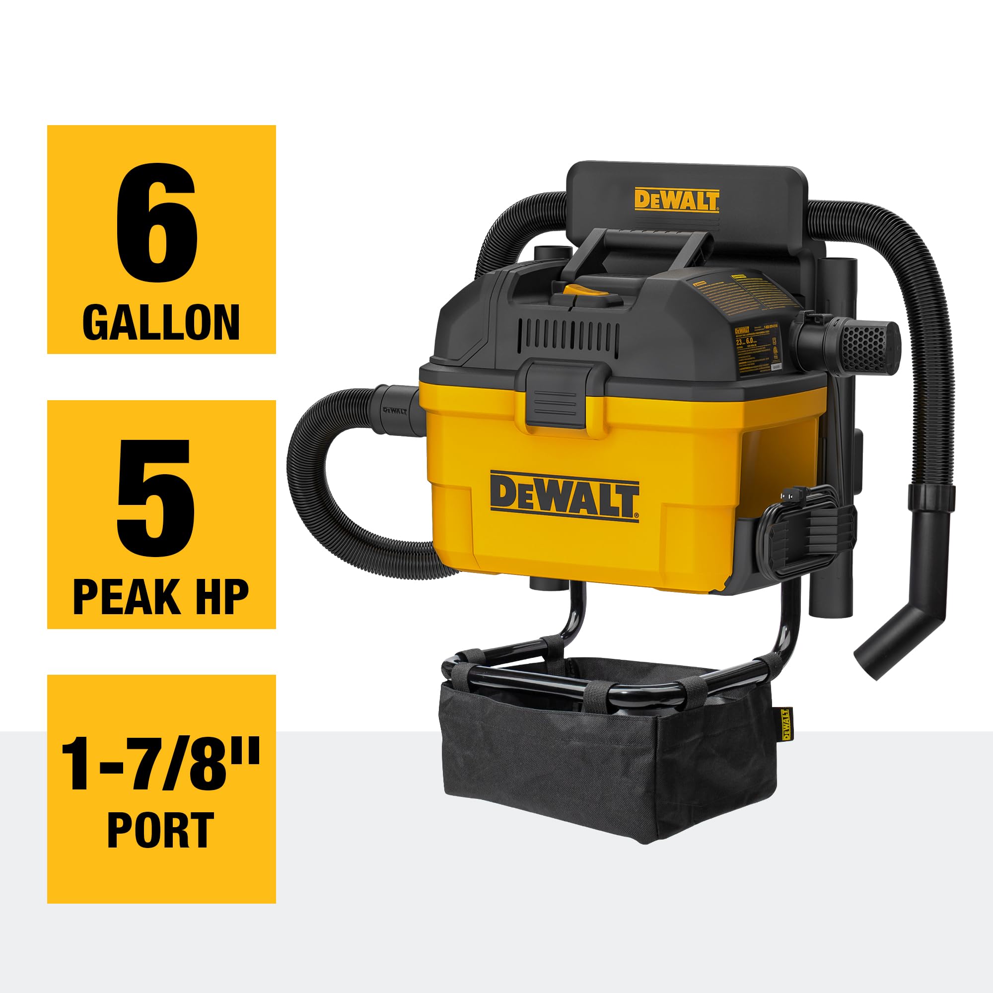 DEWALT 6 Gallon 5 HP Wall-Mounted Wet/Dry Vacuum Cleaner - Powerful Garage & Workshop Vacuum for Dust, Debris & Liquid Cleanup - Ideal for Home, Construction & Auto Detailing