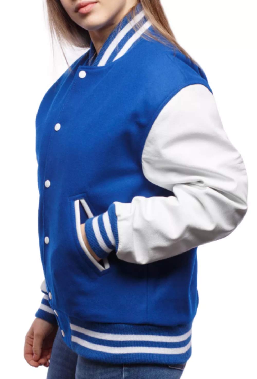 Royal Blue & White Leather Women's Varsity Jacket - Baseball Letterman Bomber School Jacket with Wool Body | Perfect for College, Sports Events & Casual Streetwear