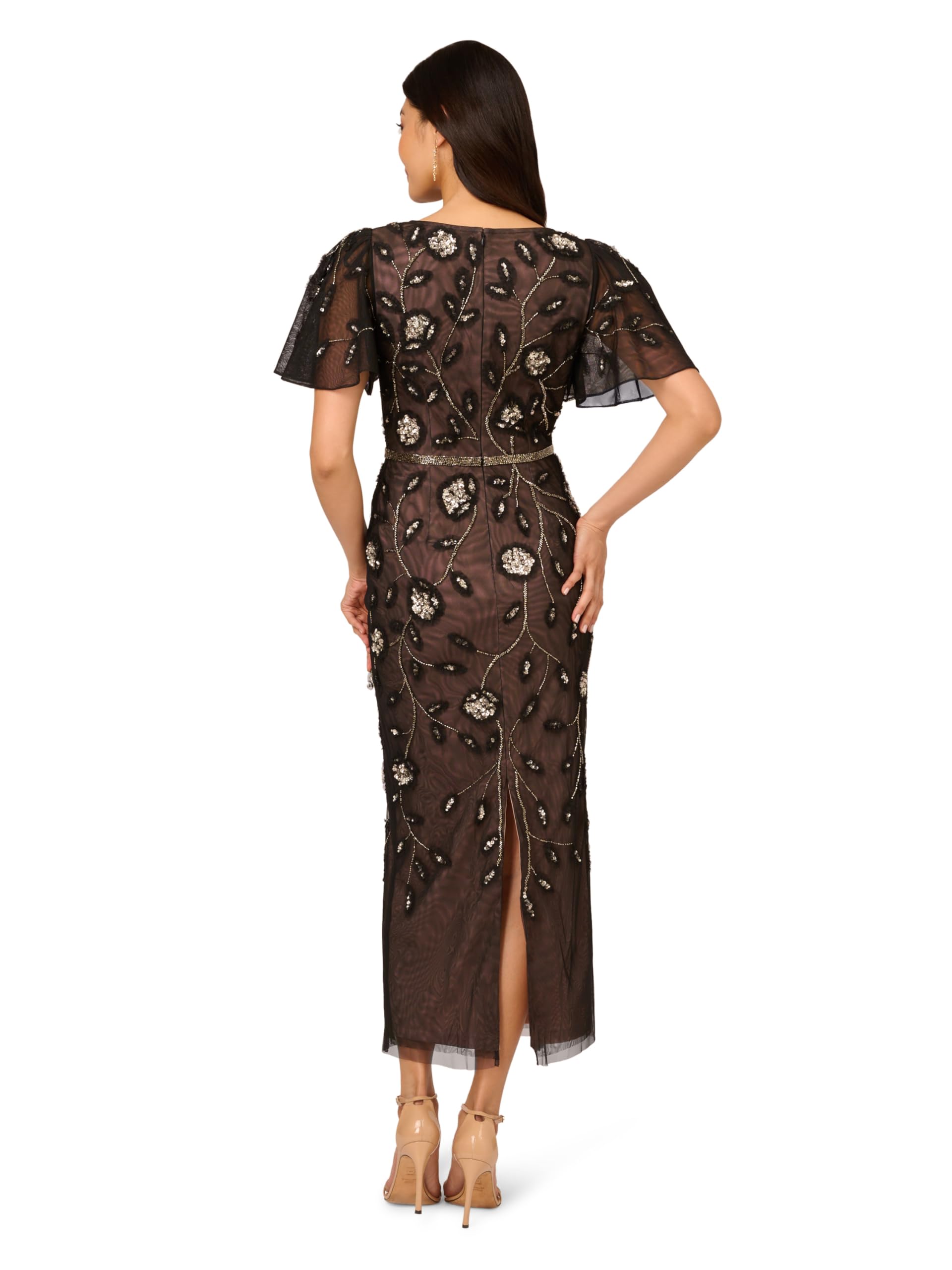 Adrianna Papell Women's Elegant Beaded Mesh Column Dress for Evening Gala, Wedding Guest & Special Occasions