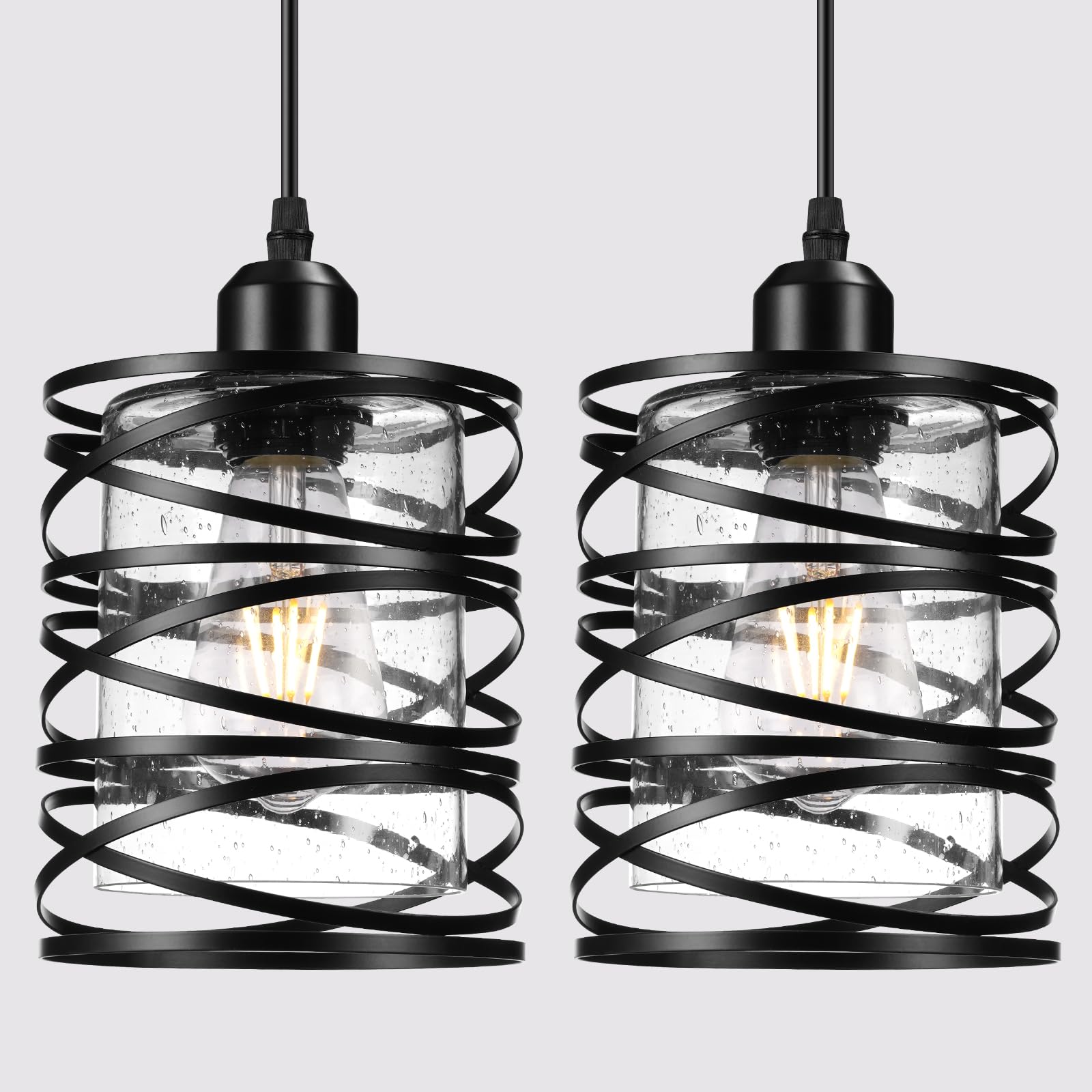 2 Pack Black Farmhouse Pendant Lights - Modern Seeded Glass Kitchen Island Lighting with Adjustable Hanging Cord - Perfect for Dining Room, Bedroom, Entryway, Porch & Hallway Decor | Rustic Industrial Home Lighting for Kitchen Sink, Bar Counter & Breakfast Nook