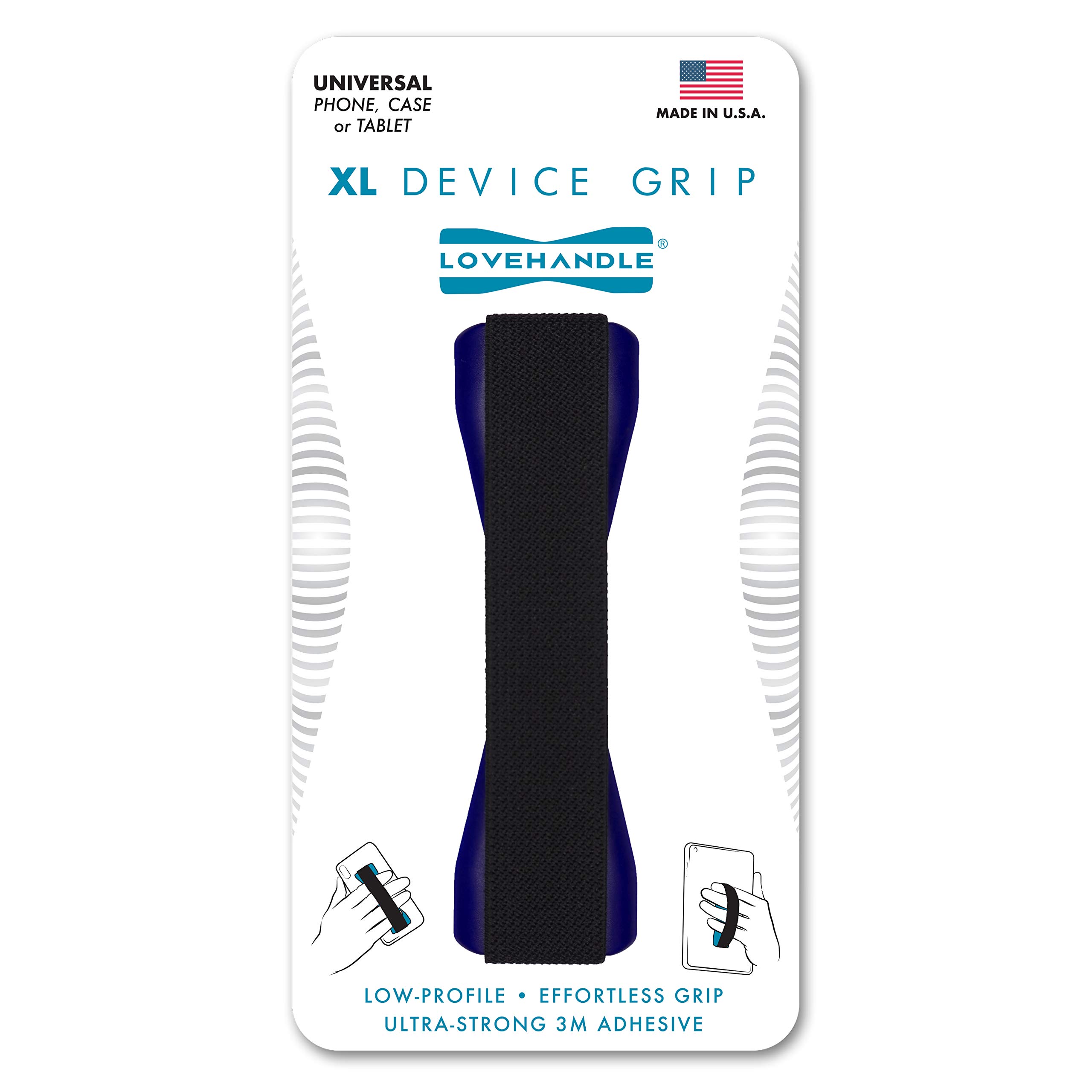 LOVEHANDLE Tablet & XL Phone Grip - Universal Elastic Finger Strap for Most Tablets & Large Smartphones (Black Strap with Blue Base, Model LHT-01-Blue) - Perfect for Reading, Gaming & Secure One-Handed Use