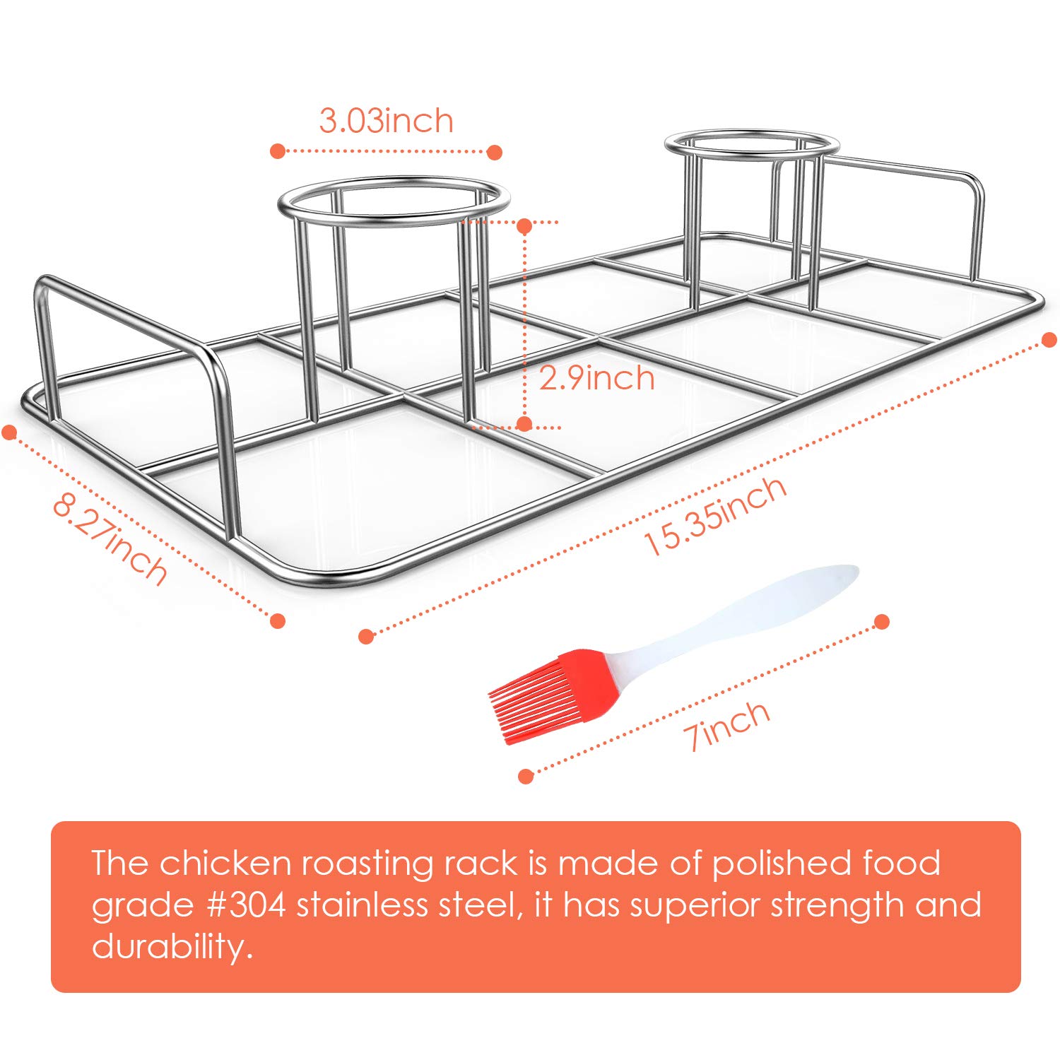 Stainless Steel Double Beercan Chicken Rack with Silicone Oil Brush - Twin Chicken Stand for Smoker & Grill - Cook 2 Chickens Simultaneously - Perfect for BBQ Parties & Outdoor Cooking