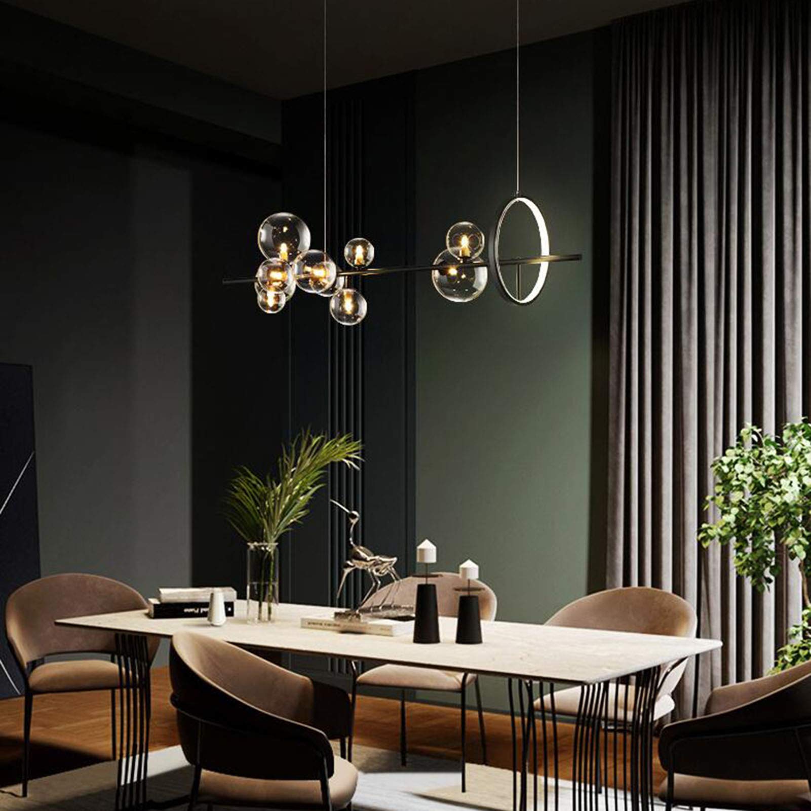 Modern Linear LED Chandelier Ceiling Light with Clear Glass Globe - Black Nordic Style Dining Room Pendant Light for Kitchen Island, Bedroom, Living Room & Office
