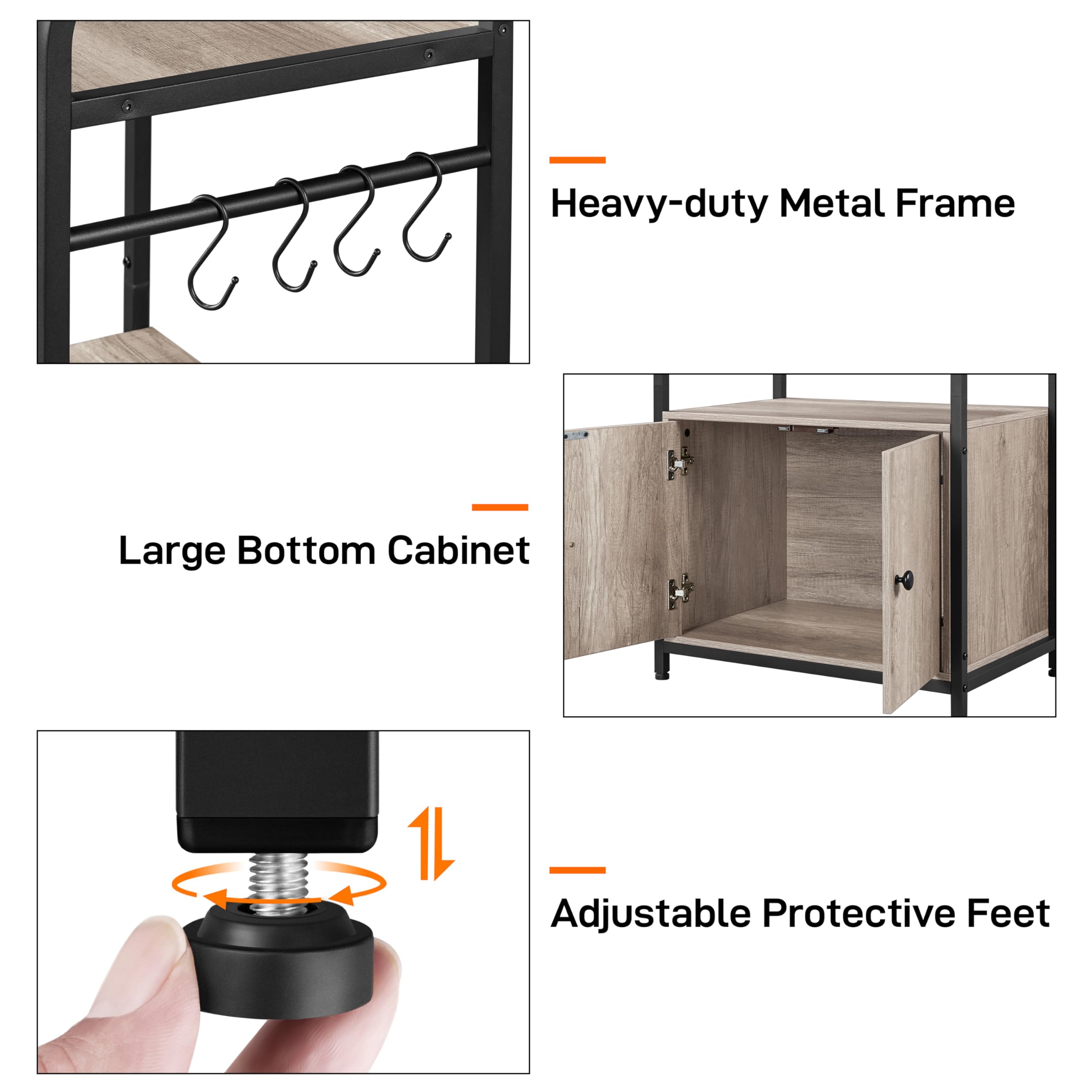 Yaheetech 4-Tier Kitchen Bakers Rack with Storage Cabinet & Hutch - Microwave Stand, Coffee Bar & Pantry Organizer with 8 S-Hooks - Freestanding Kitchen Shelves & Spice Rack in Gray - Perfect for Small Kitchens, Dining Rooms & Home Organization