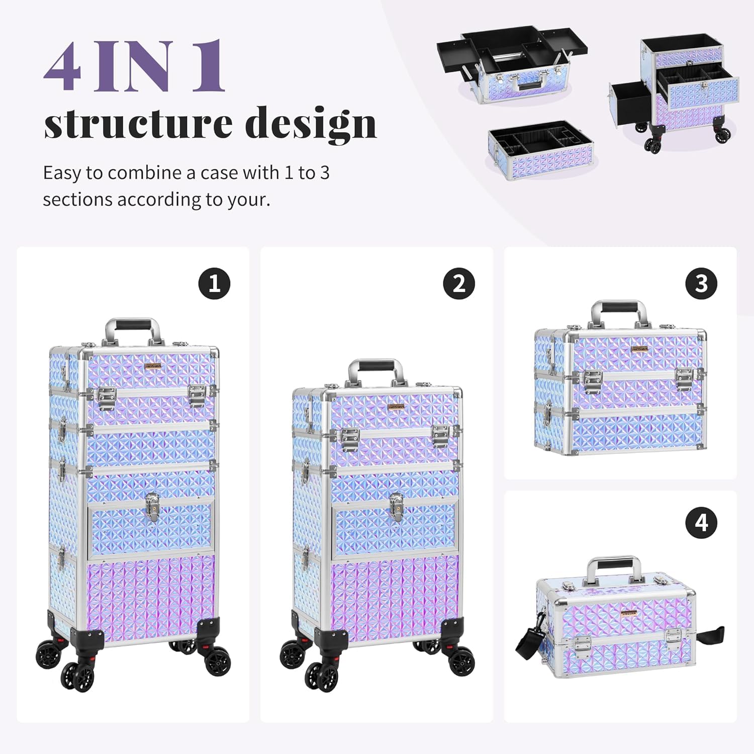4 in 1 Rolling Makeup Case with Drawers - Multi-functional Cosmetic Trolley with Wheels & Lock - Large Storage Travel Cart for Nail Technicians, Makeup Artists & Hairstylists (Silver) - Perfect for Salon, Travel & Professional Makeup Organization
