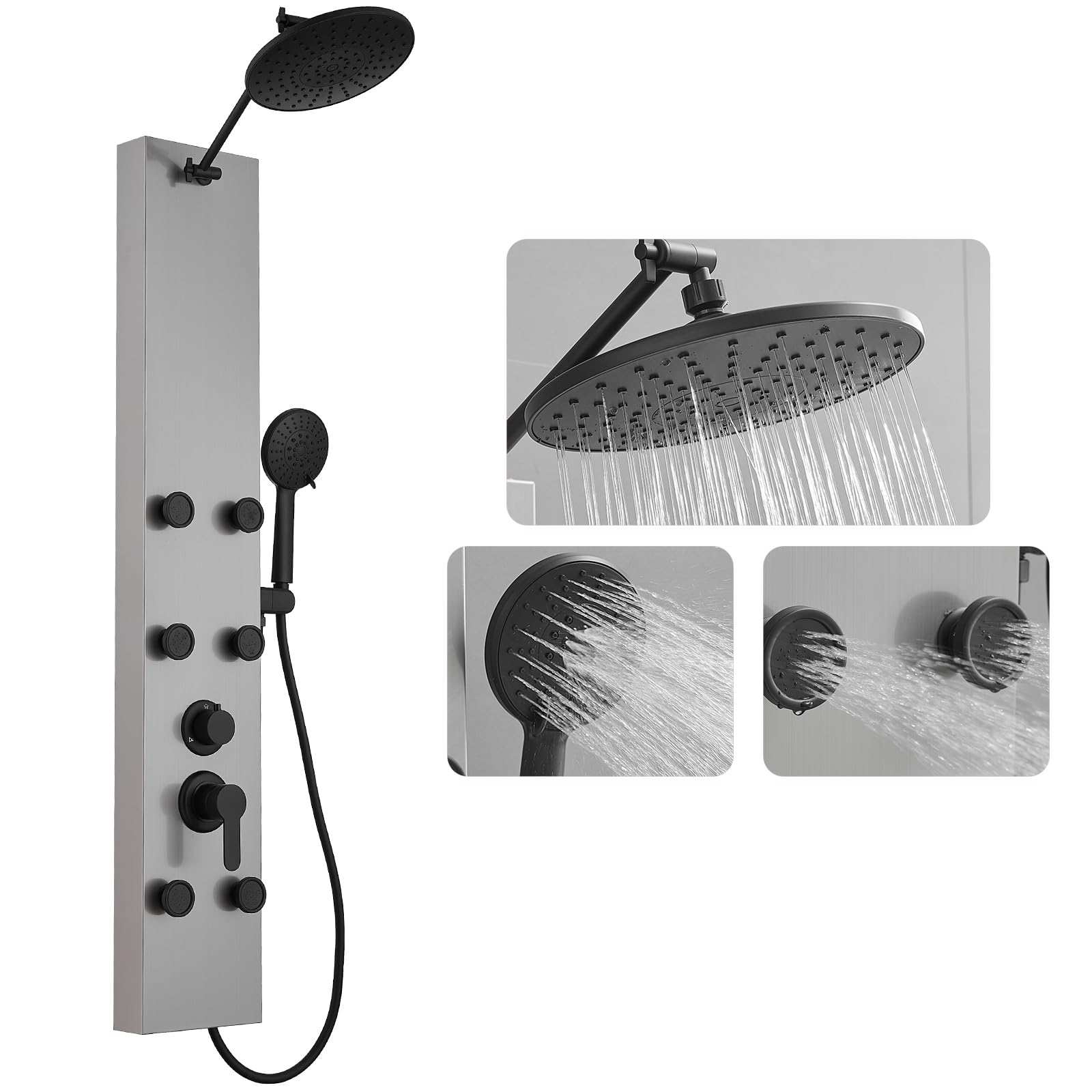 Premium Stainless Steel Shower Panel System - Adjustable Rainfall Shower Head with 6 Body Jets & 4-Setting Handheld Shower - Wall Mounted Bathroom Spa System in Brushed Nickel - Perfect for Luxury Home Renovation and Spa-Like Shower Experience