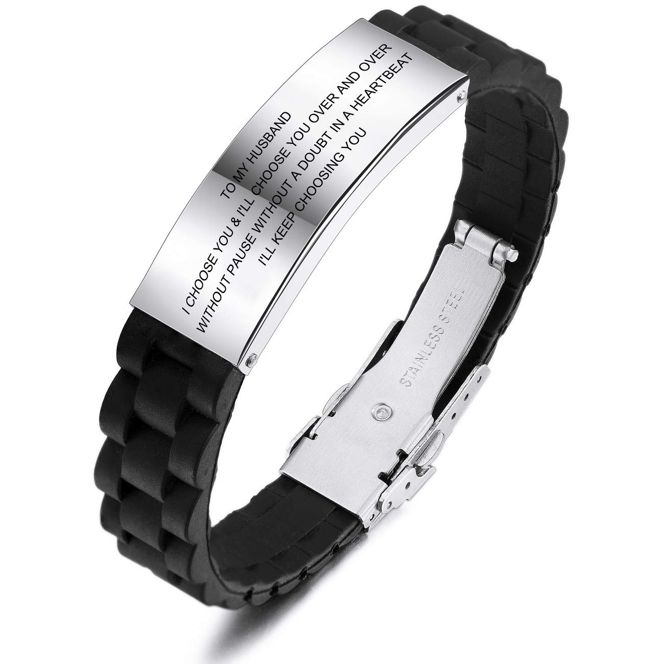 Personalized Black Silicone Bracelet for Husband - Romantic Valentine's Day & Birthday Gift for Men - Adjustable Stainless Steel Rubber Wristband - Perfect for Anniversaries, Weddings & Couple Matching Jewelry