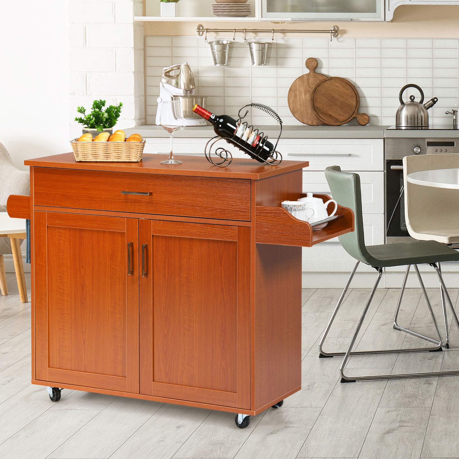 Giantex Rolling Kitchen Island Cart with Spice Rack, Towel Holder, Large Drawer & 2-Door Cabinet - Lockable Wheels, Wooden Trolley with Spacious Tabletop (Cherry) - Perfect for Small Kitchens, Food Prep, Storage & Serving
