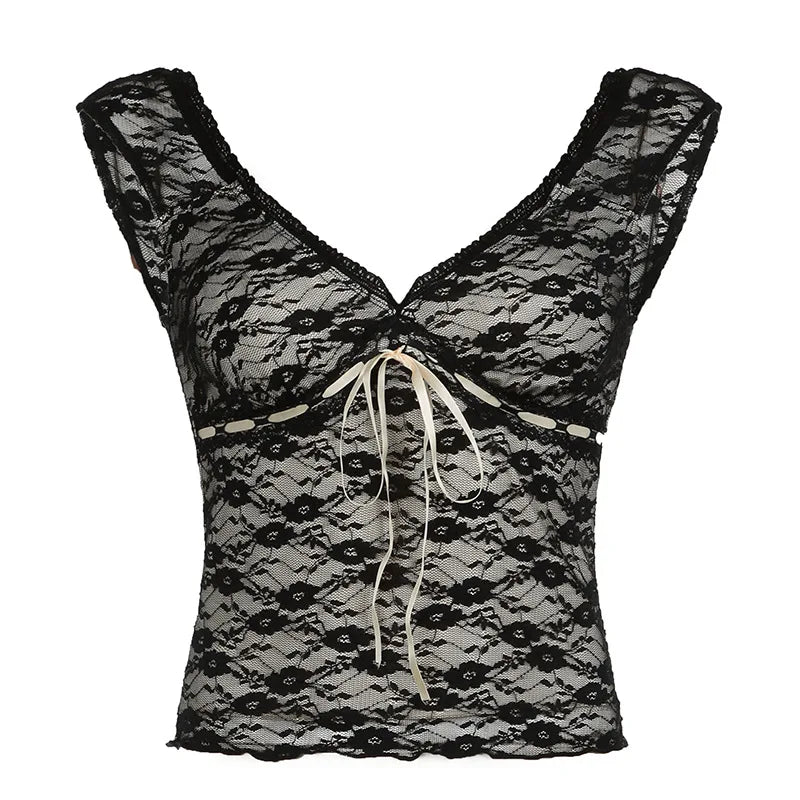 Sexy Black Lace Crop Top for Women - Y2K V-Neck Low Cut Backless Sleeveless T-Shirt | 2000s Vintage Fashion | Perfect for Summer 2024, Parties & Night Out