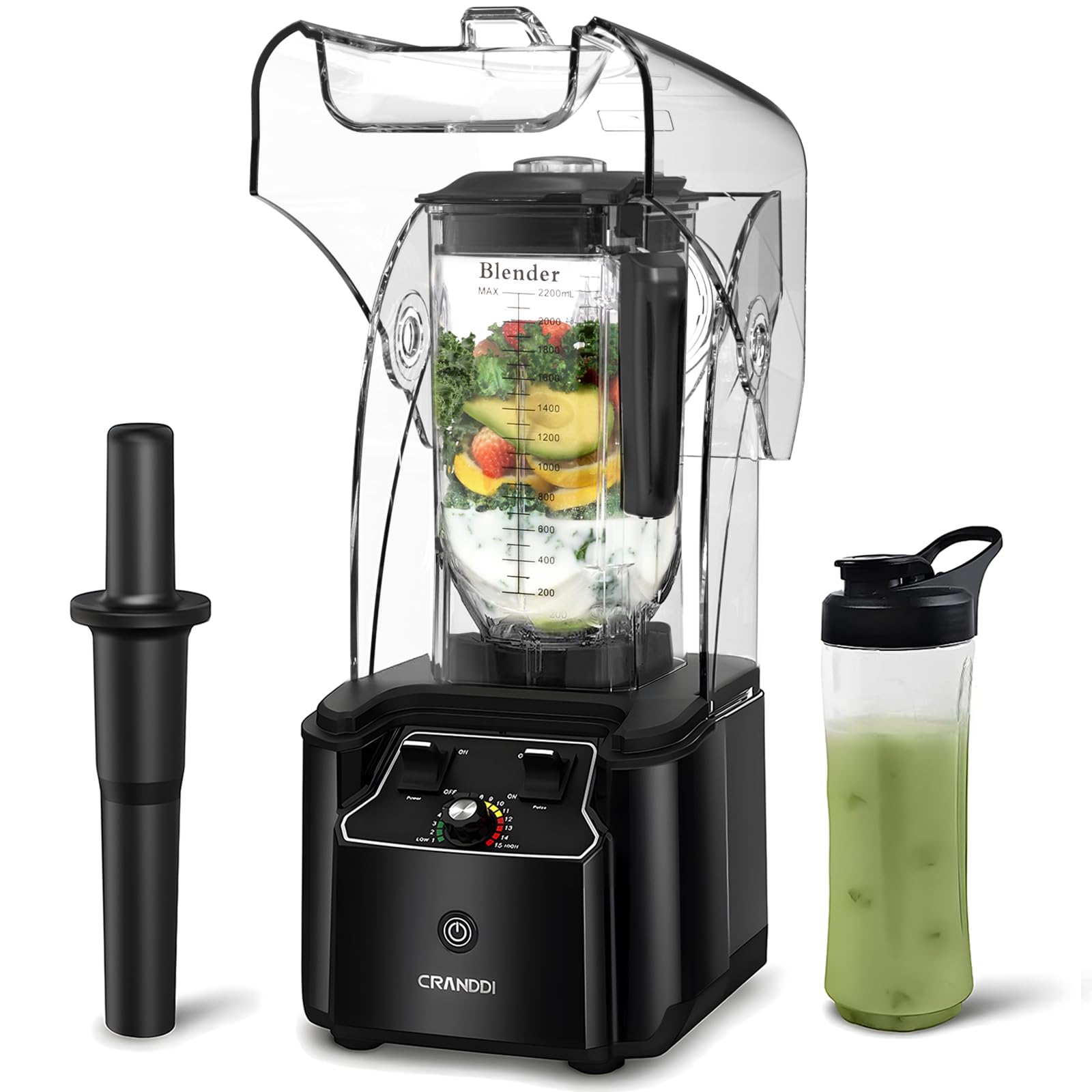 CRANDDI 2200W Commercial Quiet Blender - BPA-Free 80oz Pitcher, 15-Speed & Pulse Control - Professional Countertop Blender for Smoothies, Shakes, Ice Crushing - Ideal for Restaurants, Cafes & Home Kitchens (K90 Black)