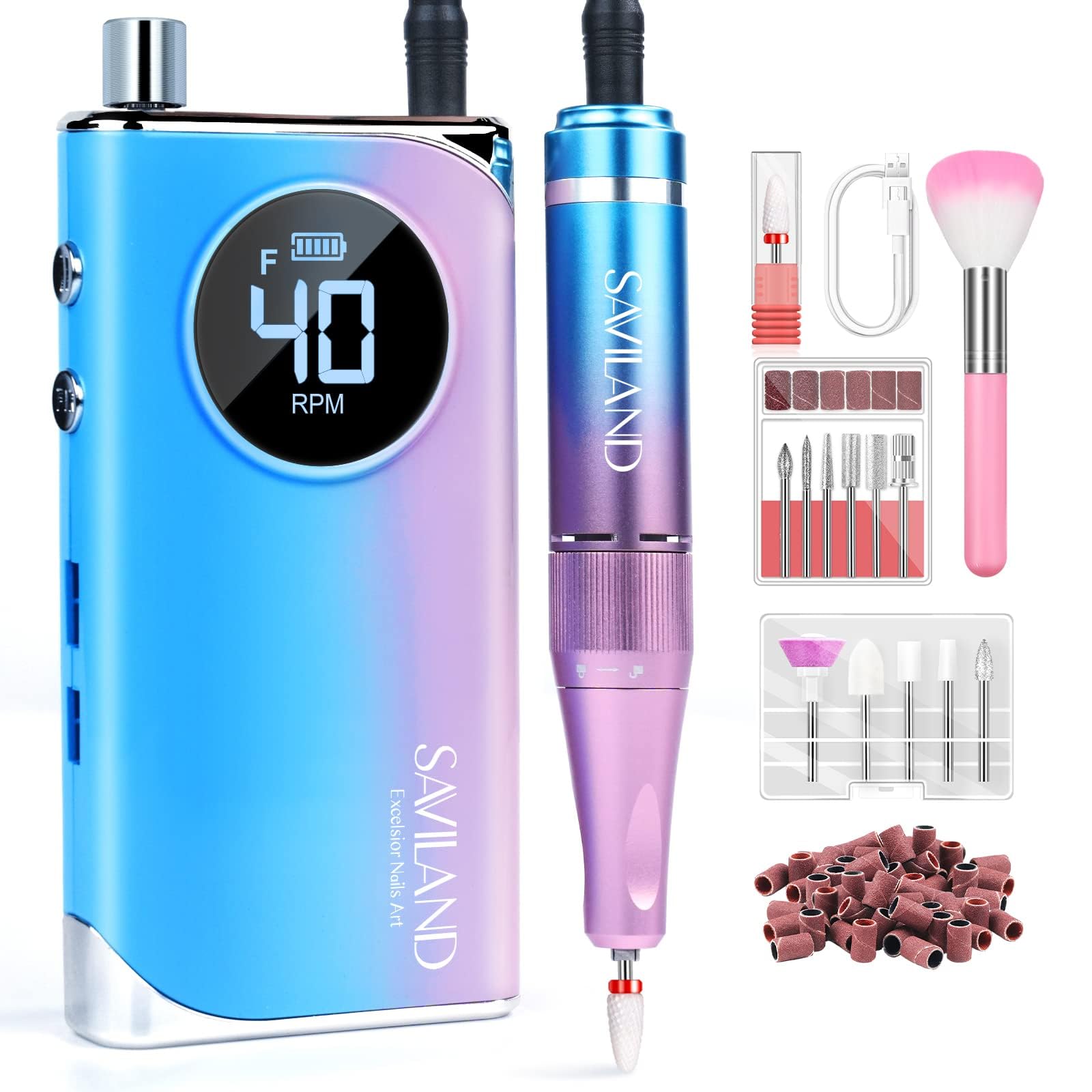 SAVILAND Professional Electric Nail Drill Kit - 40000RPM High Speed Portable Nail File with 12 Drill Bits & Rechargeable Battery for Acrylic Gel Nails, Manicure & Pedicure | Perfect for Salon Use & Home Nail Care
