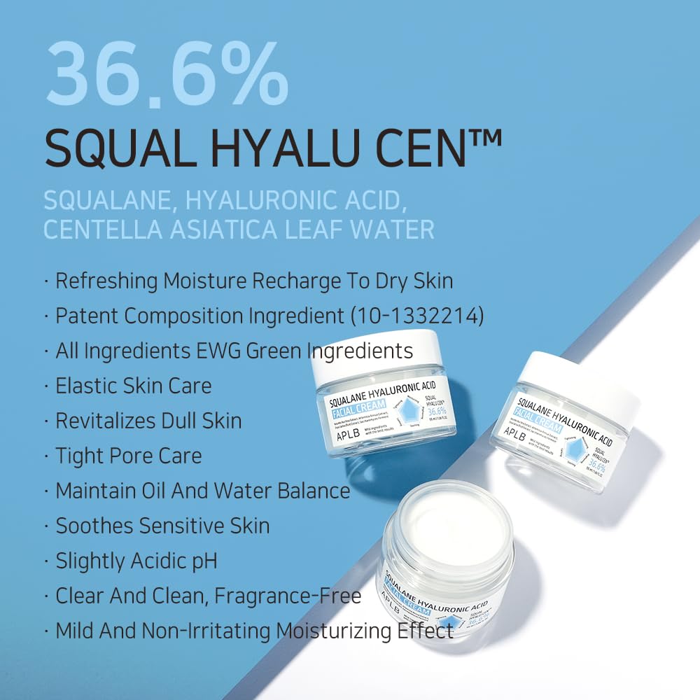 APLB Squalane Hyaluronic Acid Facial Cream 1.86 fl oz - Korean Skincare for Deep Hydration, Wrinkle Care & Skin Revitalization | Best Moisturizer for Dry Skin, Improves Skin Texture | Use for Night Routine, Daily Skincare & Anti-Aging Regimen