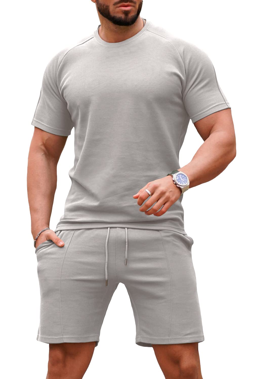 GINGTTO Men's 2-Piece Short Sets - Summer Casual Tracksuit Outfit (Grey, XXL) | Lightweight & Breathable for Gym, Lounge & Outdoor Activities