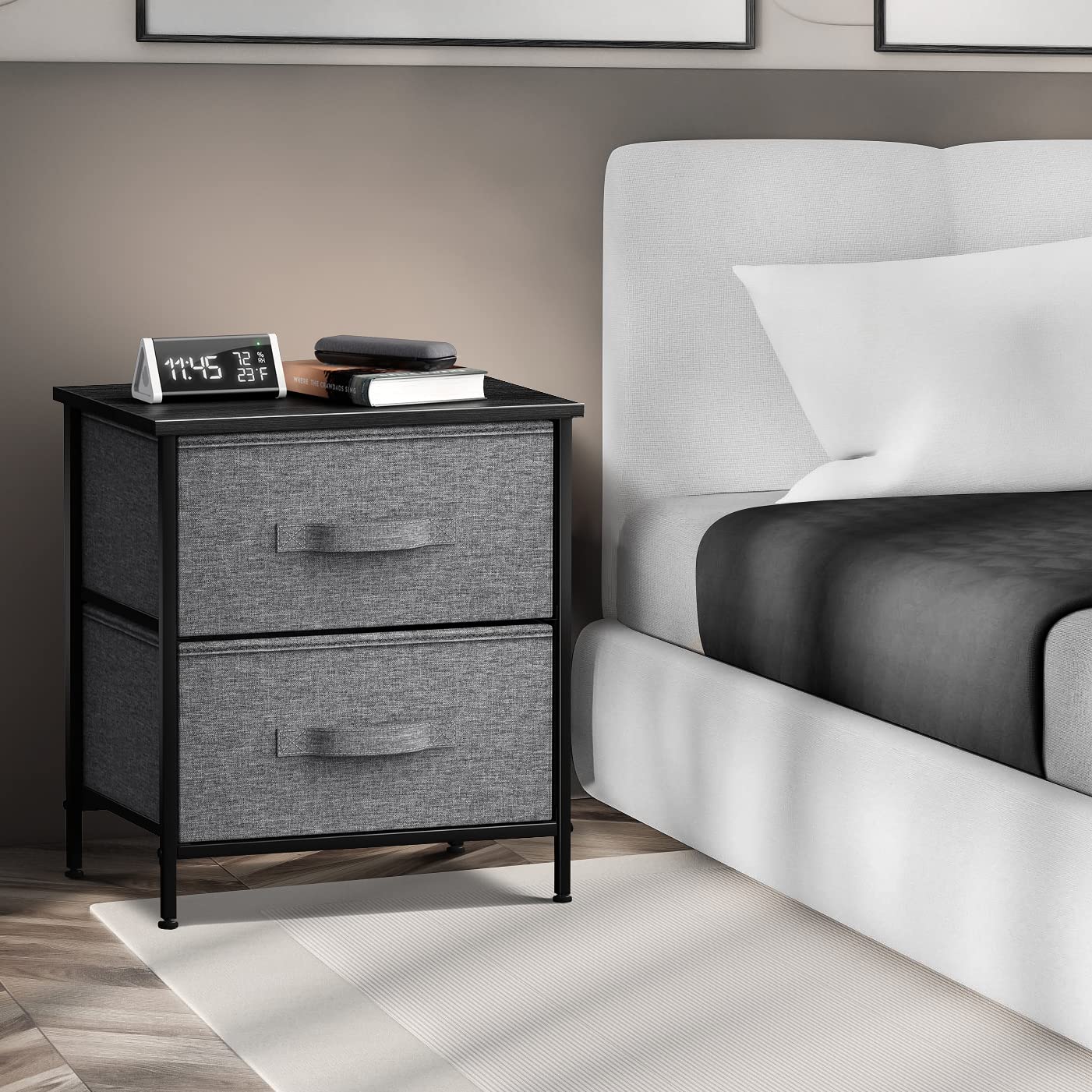Sorbus 2-Drawer Nightstand with Steel Frame & Wood Top - Easy Pull Fabric Bins, Compact Bedside Table for Bedroom, Home & Office - Perfect for Small Spaces, Apartment Living & Guest Rooms