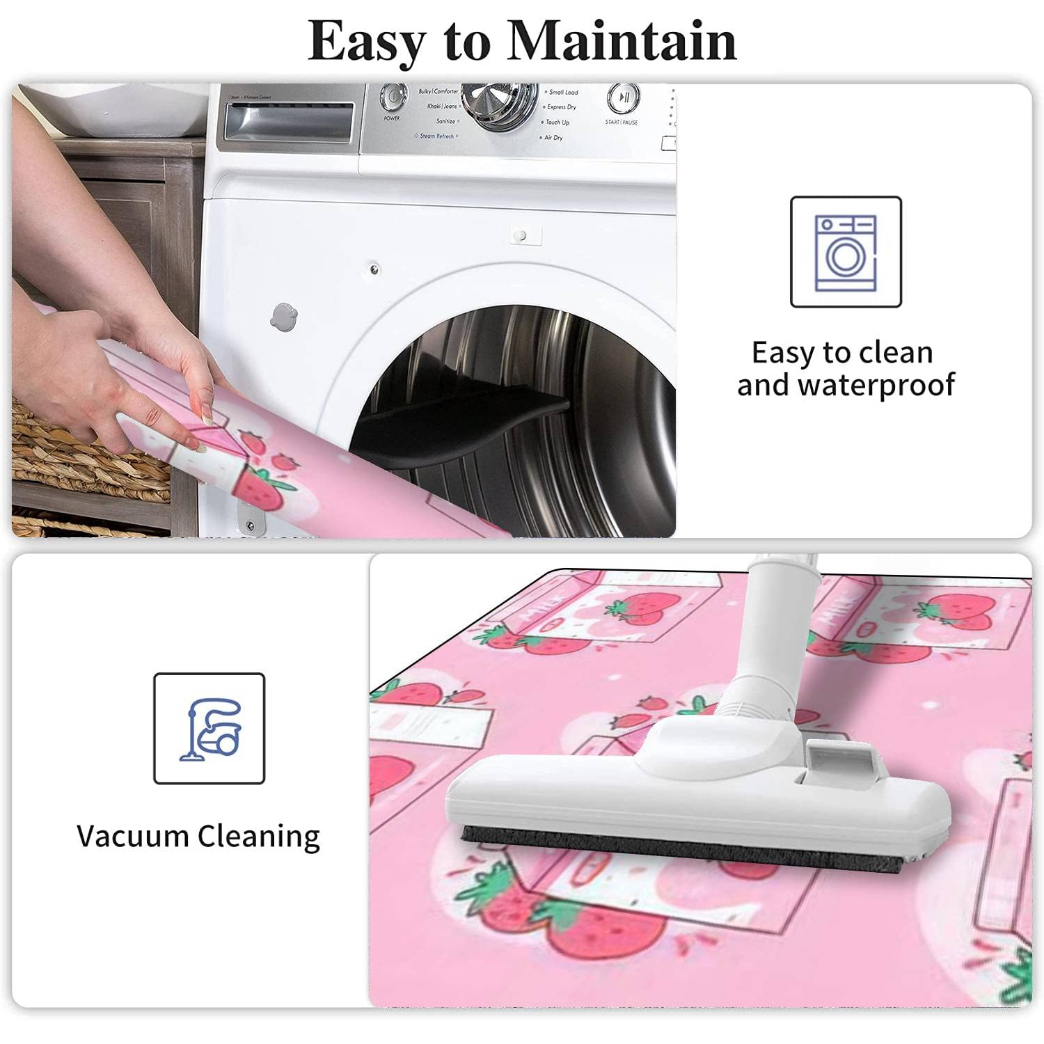 Non-Slip Washable Kitchen Rugs Set - Japanese Style Strawberry Milk Design, Anti-Fatigue Floor Mats for Kitchen, Bathroom & Entryway - Perfect for Home Decor and Comfortable Standing