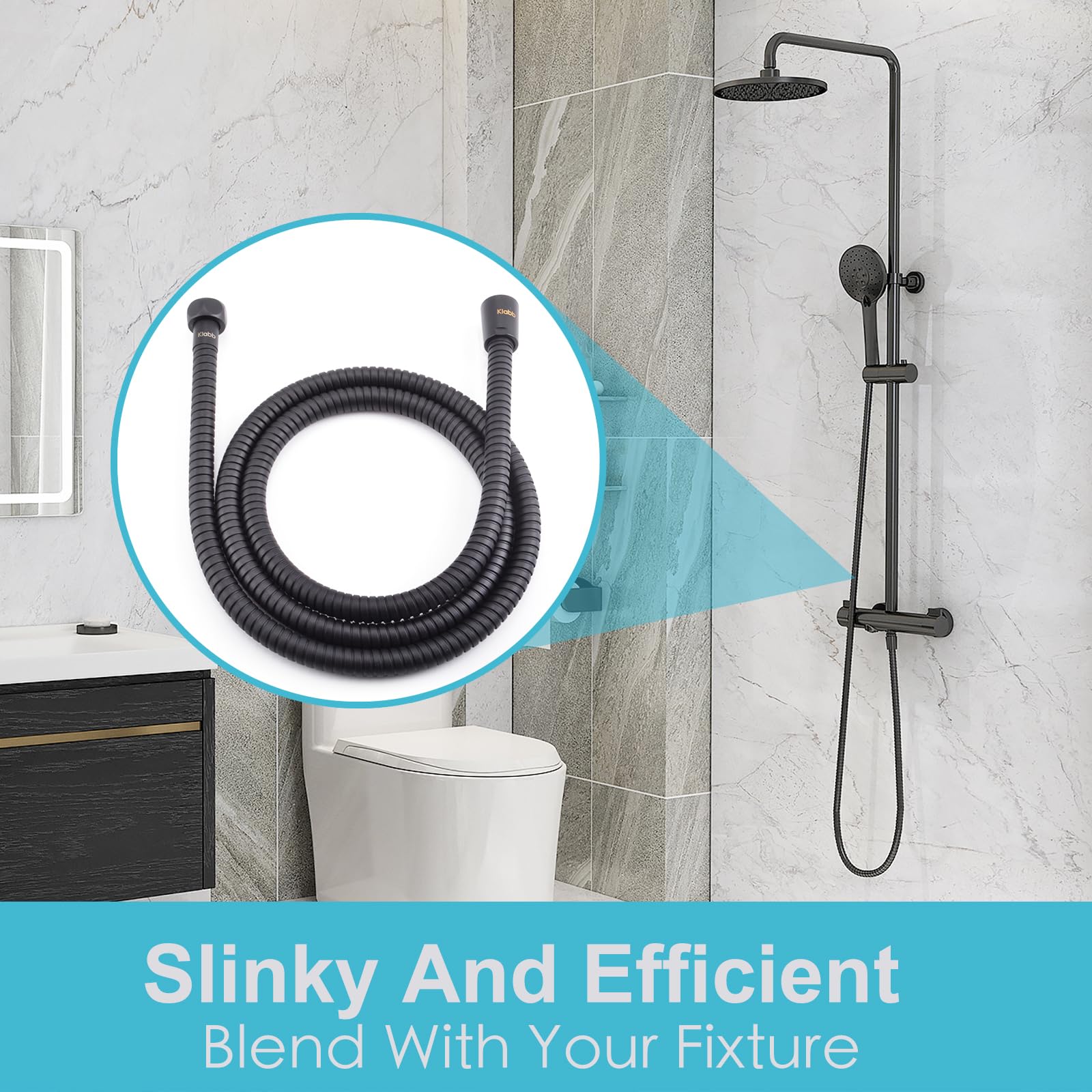 Klabb 59-Inch Stainless Steel Shower Hose with Brass Insert & Nut - Durable, Flexible Handheld Shower Replacement for Bathroom, RV, and Travel Use (Black)