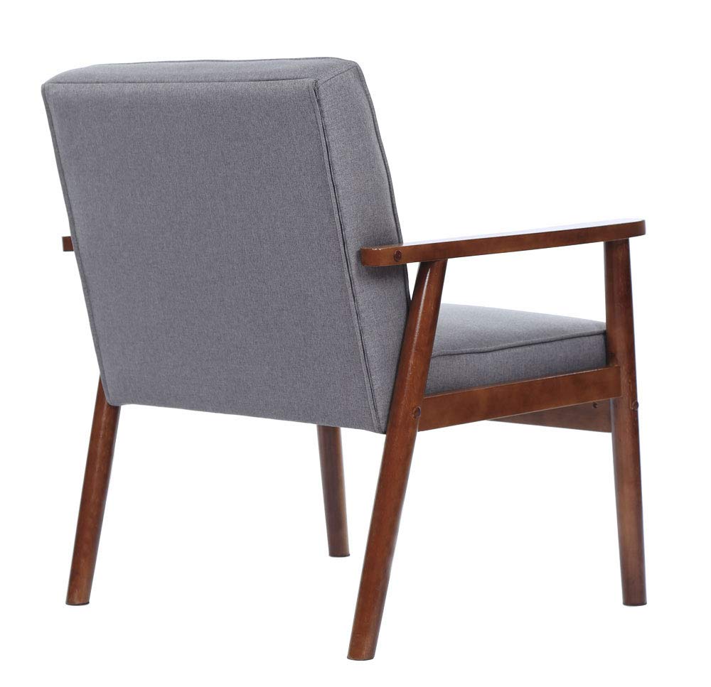 Mid-Century Modern Accent Chair - Retro Fabric Upholstered Lounge Chair with Wooden Arms for Living Room, Bedroom or Office - Comfortable Grey Armchair for Relaxing & Reading
