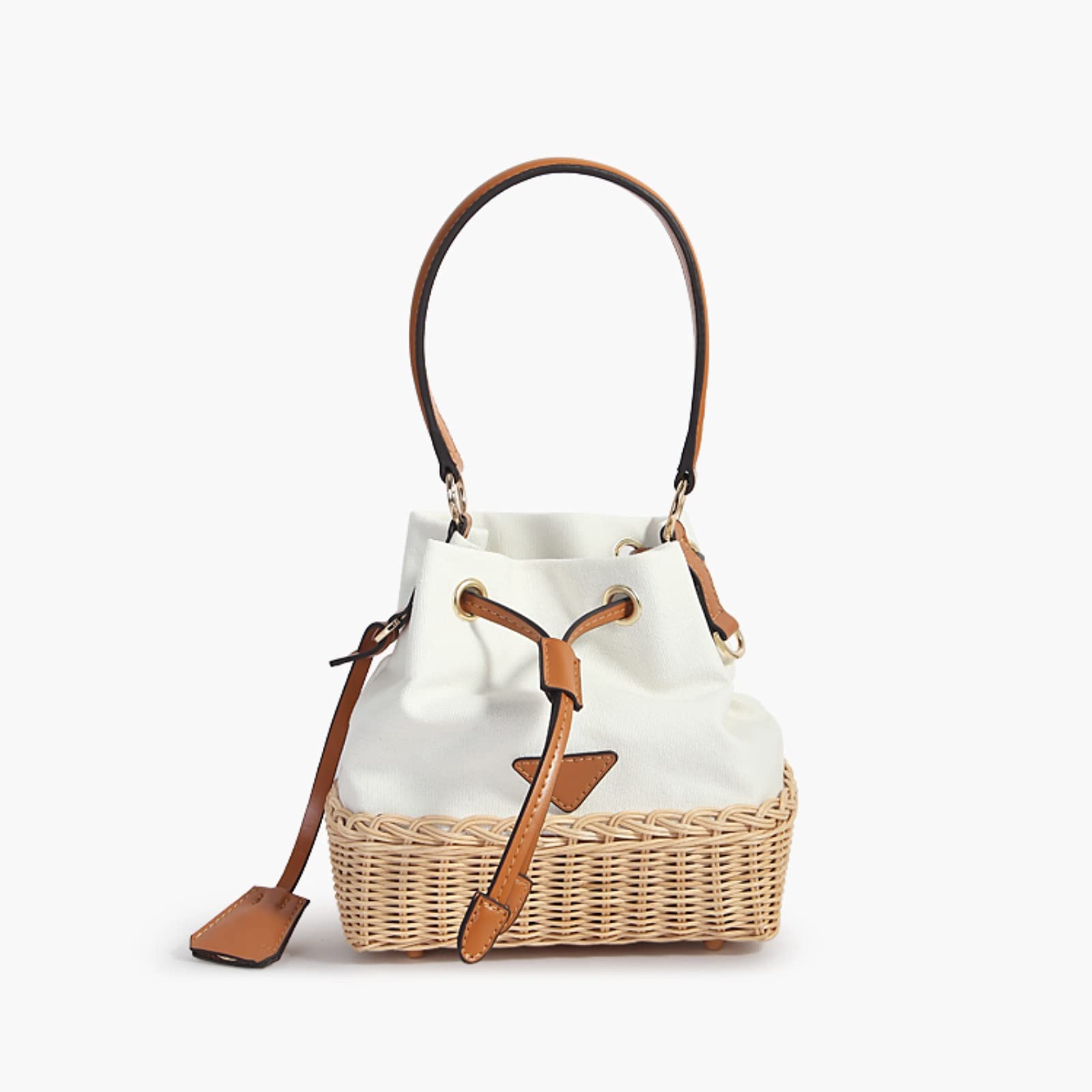 Stylish Rattan Canvas Beach Bag with Drawstring & PU Shoulder Strap - Women's Summer Tote for Travel, Daily Use & Outdoor Activities | Perfect for Beach, Shopping & Vacation (White)