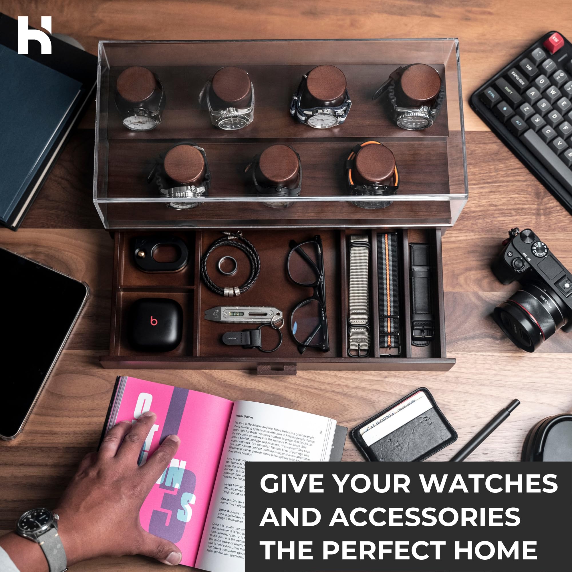 Holme & Hadfield Premium Wooden Watch Display Case for 7 Watches – Luxury Watch Organizer Box with Glass Top – Perfect Birthday Gift for Men & Watch Collectors – Lifetime Warranty – Ideal for Home, Office & Travel Storage