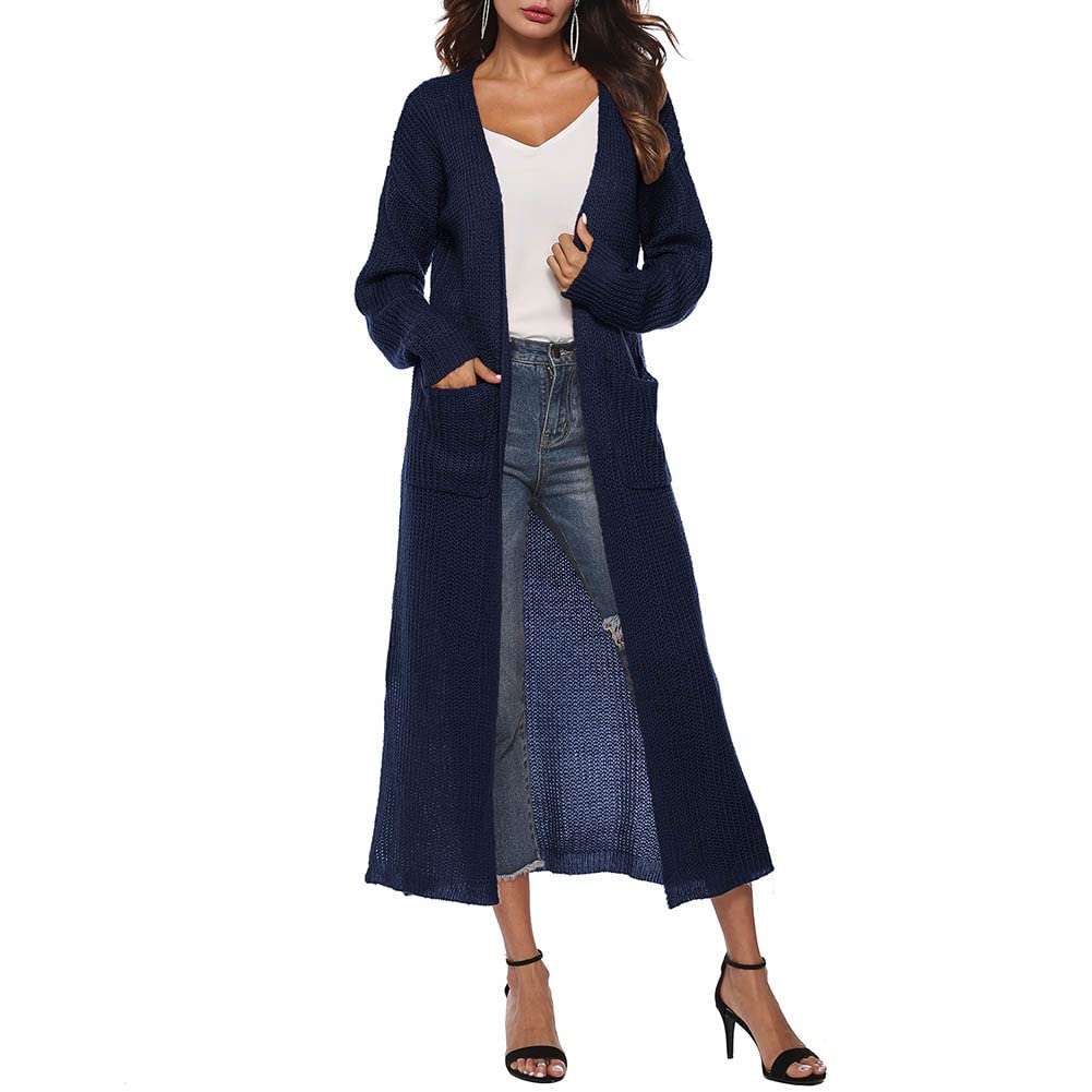 Stylish Women's Autumn Wool Knit Long Coat with Pockets & Hollow-Out Design - Perfect for Fall Layering, Office Wear & Casual Outings