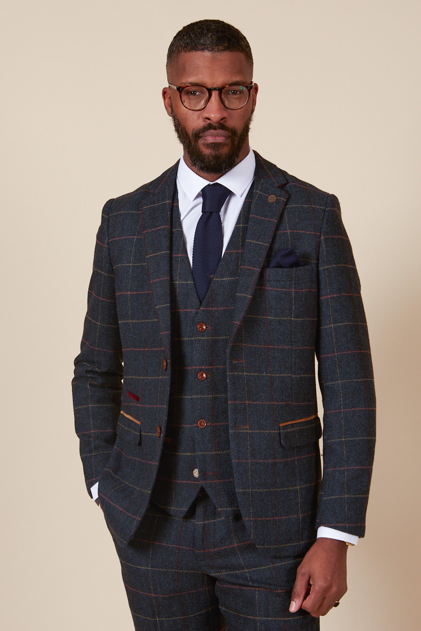 ETON Navy Blue Tweed Check Three Piece Suit for Men - Classic Formal Business Attire | Perfect for Weddings, Office Meetings & Special Occasions