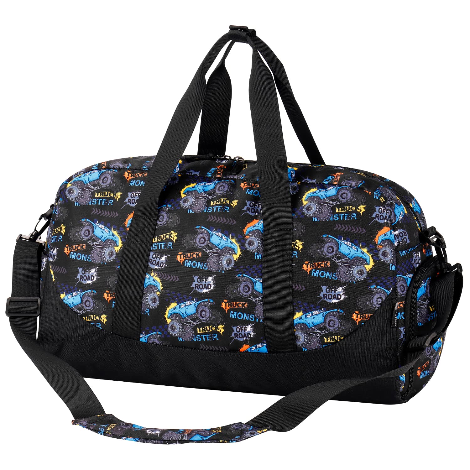 Choco Mocha Monster Truck Duffle Bag for Boys - Kids Travel Overnight Bag for Toddler Sleepovers & Weekend Trips - Black Backpack for School, Sports & Adventure