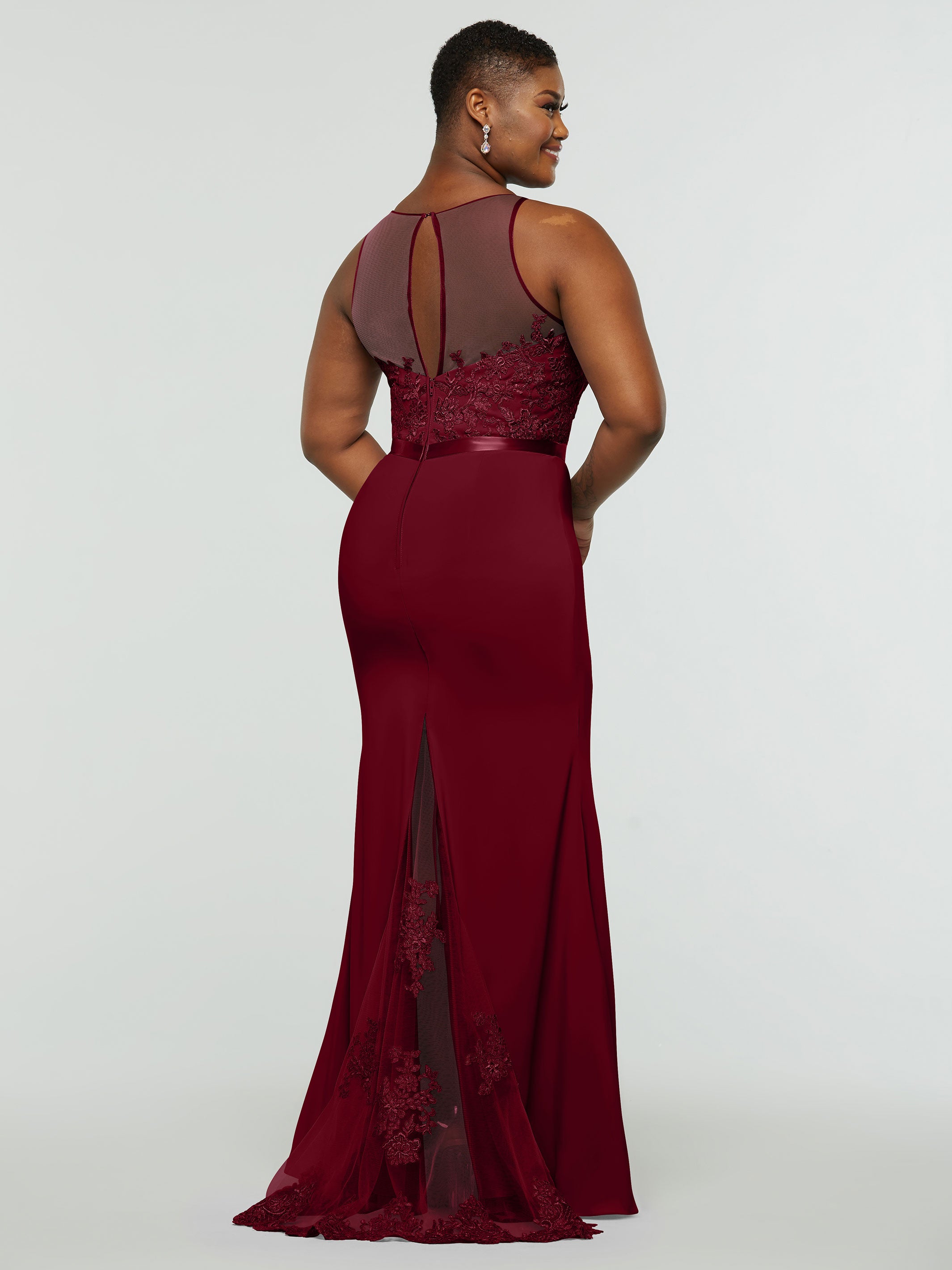Elegant 80095 Stretch Chiffon Fit and Flare Bridesmaid Dress with Lace Illusion Bodice - Perfect for Weddings, Formal Events & Special Occasions