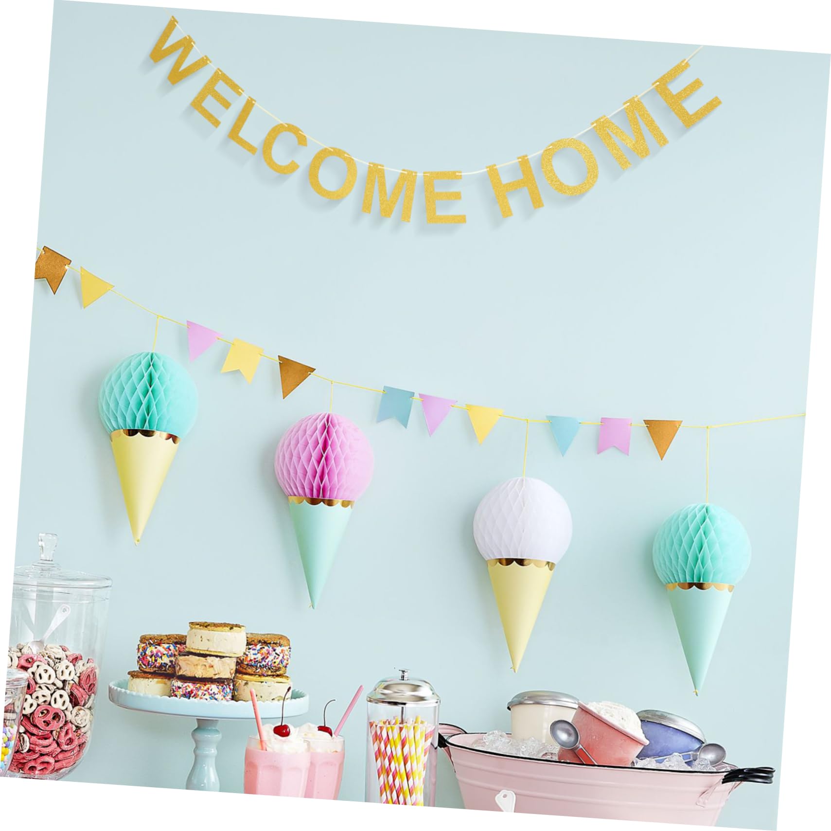 PLAFOPE Gold Party Banner - Hanging Welcome Home Decor for Birthday, Wedding & Holiday Celebrations | Elegant Letter Flags for Indoor & Outdoor Party Background Decoration