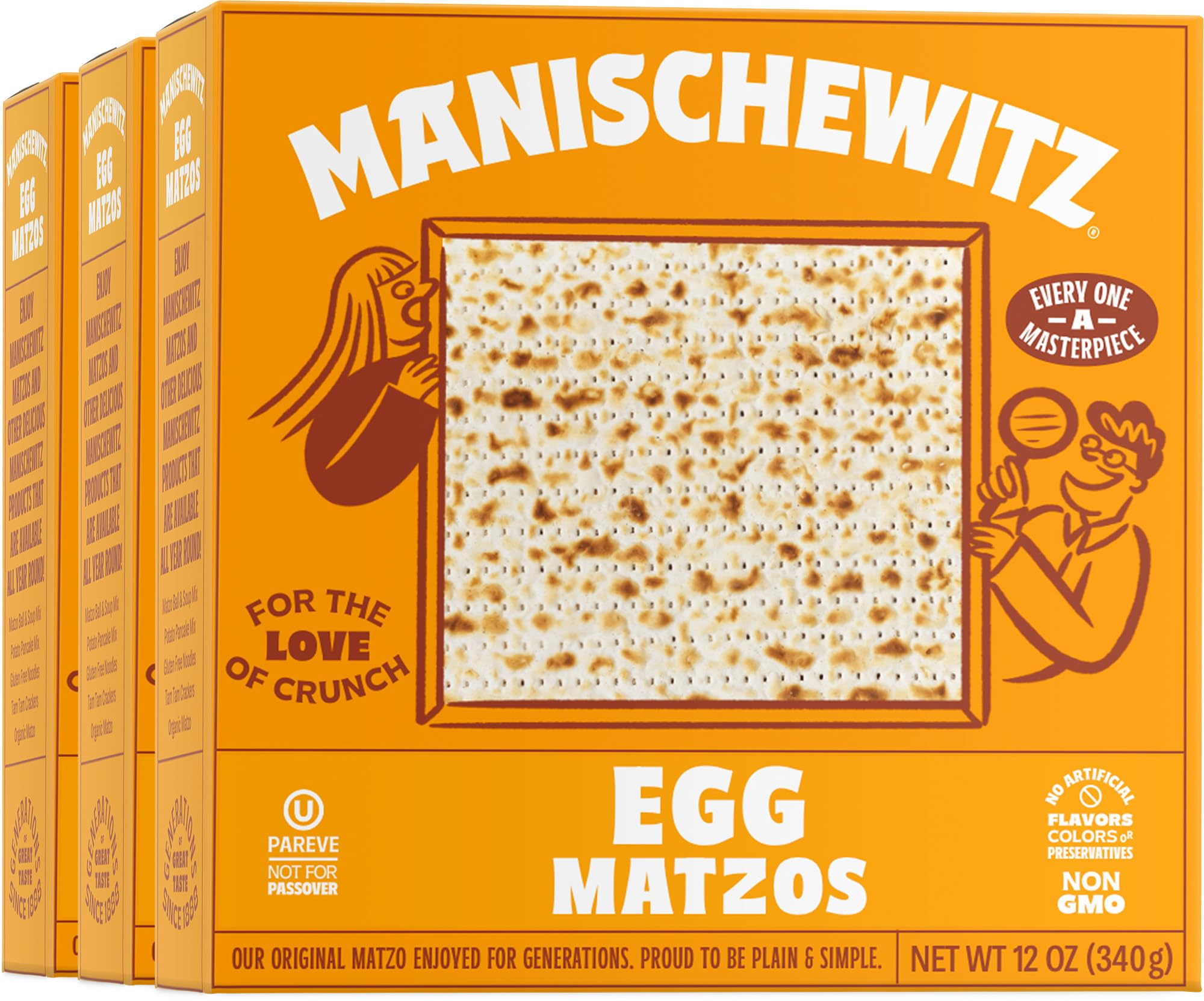 Manishewitz Egg Matzo 12oz (3 Pack) - Kosher Certified, Thin & Crispy Texture, Sodium Free, No Artificial Flavors or Colors - Perfect for Year-Round Snacking, Soup Toppings & Healthy Cracker Alternative