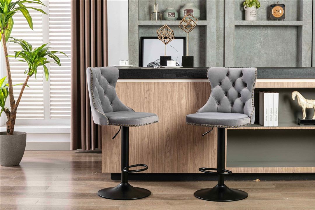 Adjustable Height Swivel Bar Stools with Footrest - Velvet Upholstered & Nailhead Trim - Perfect for Kitchen Islands, Home Bars & Dining Counter Seating