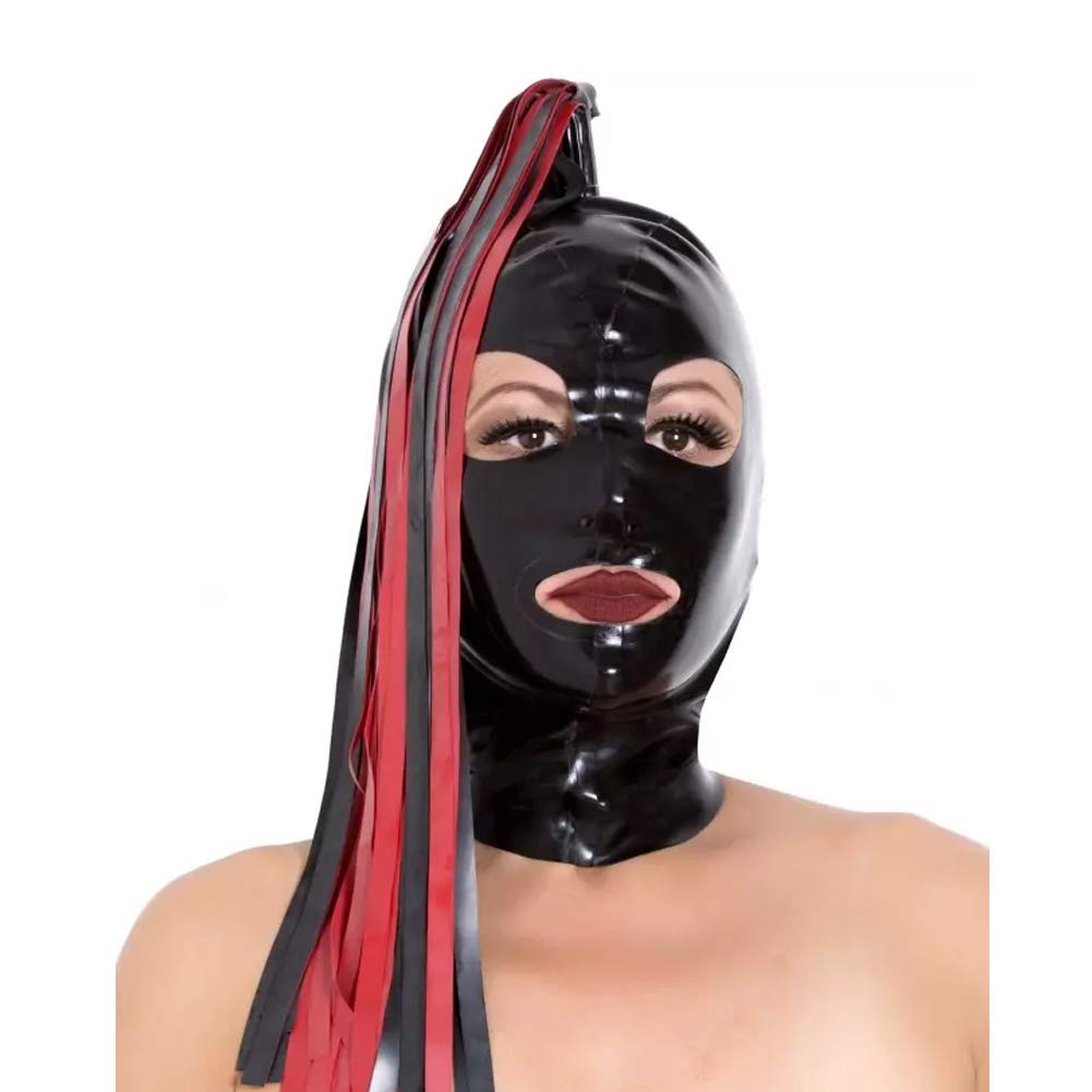 Latex Hood Mask - Full Face Rubber Mask with Big Eye Holes & Red/Black Ponytail Streamers - Halloween Costume Accessory for Cosplay, Fetish Parties & Theatrical Performances