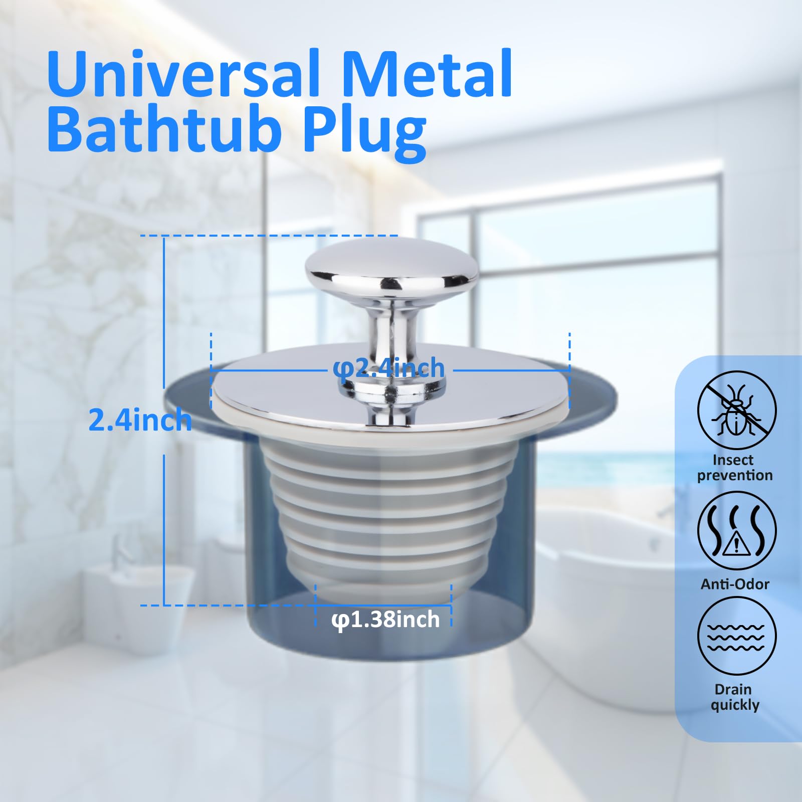 Universal Bathtub Drain Stopper - Rubber Replacement Plug for Bathtubs & Bathroom Sinks (Chrome, YGS8901) - Leak-Proof Bath & Sink Drain Cover for Home, Hotel, Spa Use