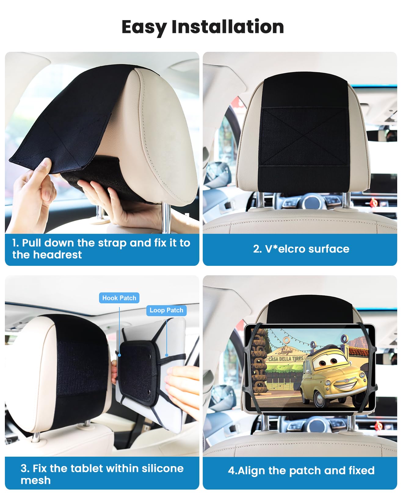 Upgraded WONNIE Car Tablet Holder for iPad - Universal 7-12.9 Inch Tablet Mount with Anti-Slip Strap & Silicone Net - Perfect Backseat Entertainment for Kids on Road Trips & Long Drives
