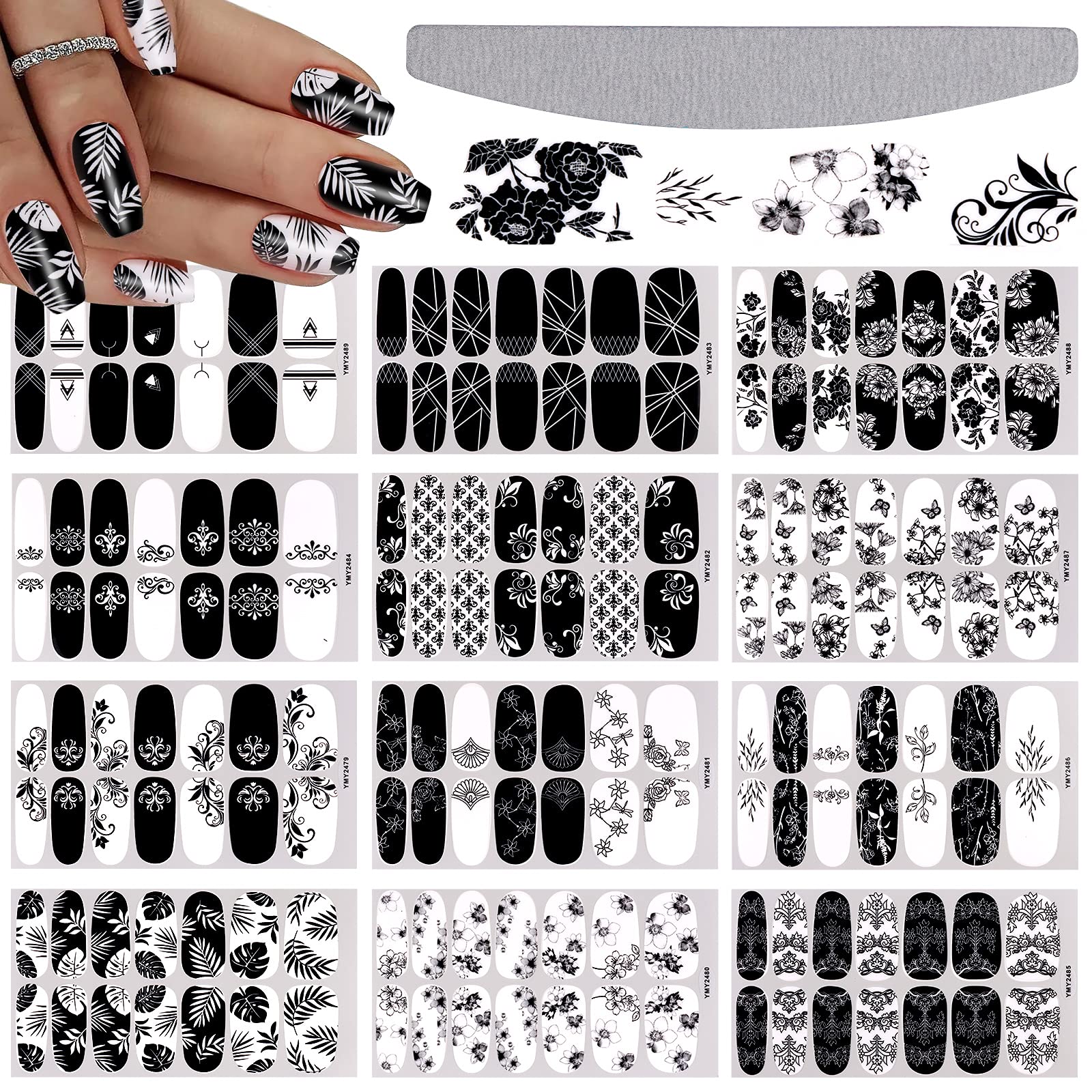 EBANKU 12 Sheets Black and White Nail Polish Strips - Full Wrap Adhesive Nail Stickers with Nail File, Floral Vine Design Nail Art Decals for Women | Perfect for Parties, Weddings, and Everyday Nail Decor