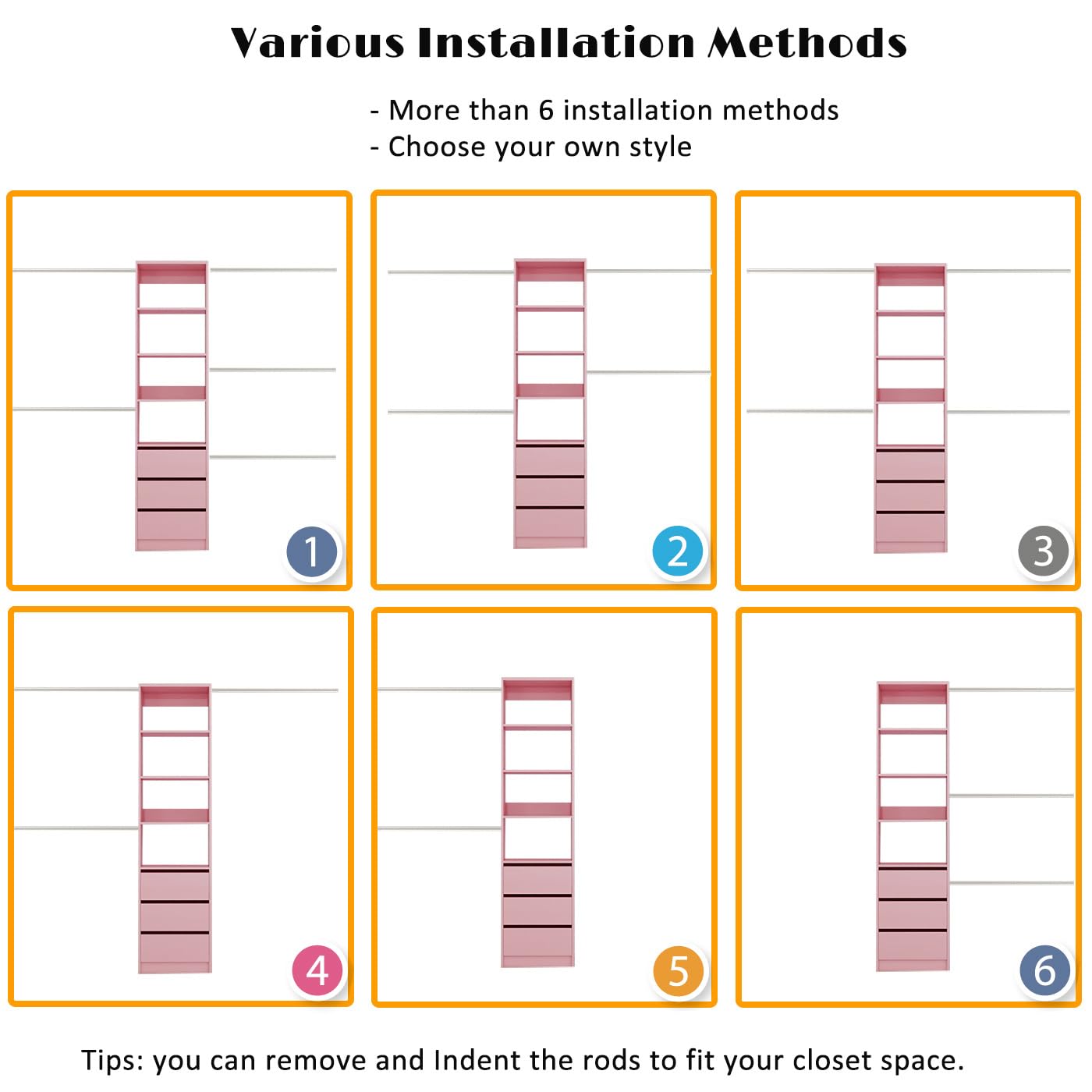 Custom Closet Organizer System 5-8FT with Drawers & Hanging Rods for Walk-in Closets (Pink)