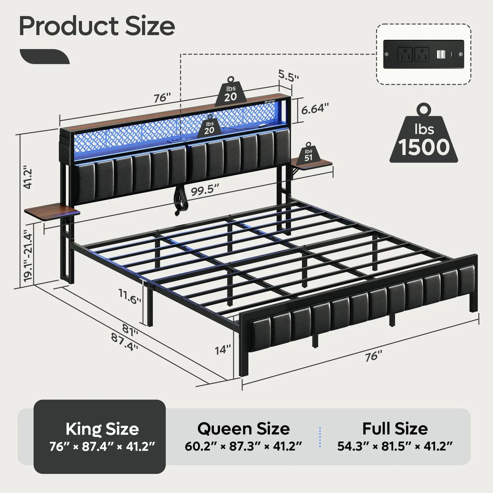 Bestier King/Queen/Full Size Bed Frame with USB Charging Station - Sturdy Metal Platform Bed with Headboard & LED Lights - Perfect for Modern Bedrooms & Guest Rooms