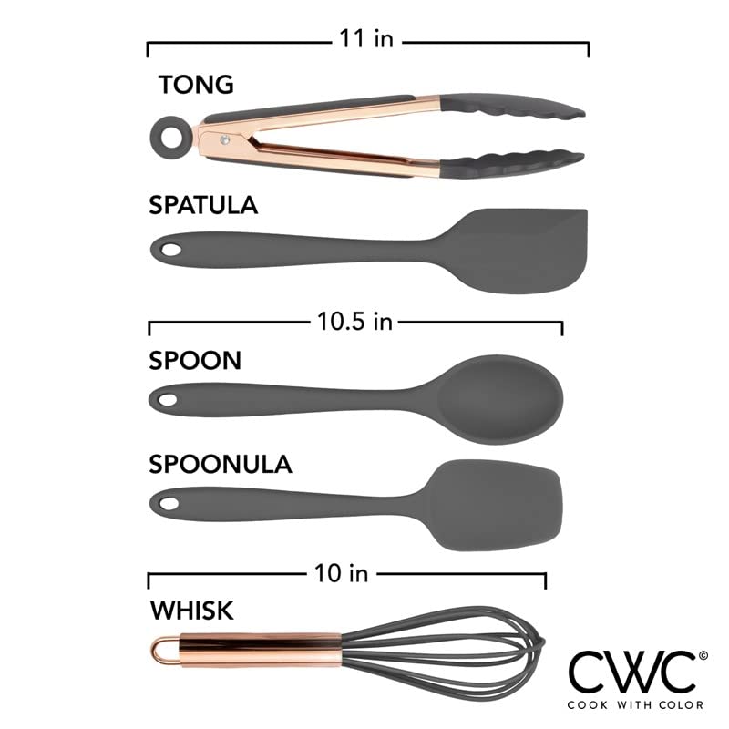 COOK WITH COLOR Silicone Cooking Utensils Set - Easy to Clean, Nonstick Cookware Safe Kitchen Gadgets, Gray - Perfect for Everyday Cooking & Baking