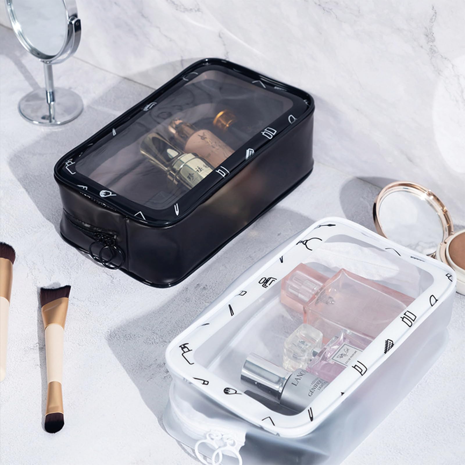 2 Pack Clear Printed TSA Approved Quart Size Toiletry Bag - Travel Makeup Cosmetic Organizer for Women & Men (Black & White) | Perfect for Air Travel, Gym Essentials & Daily Beauty Storage