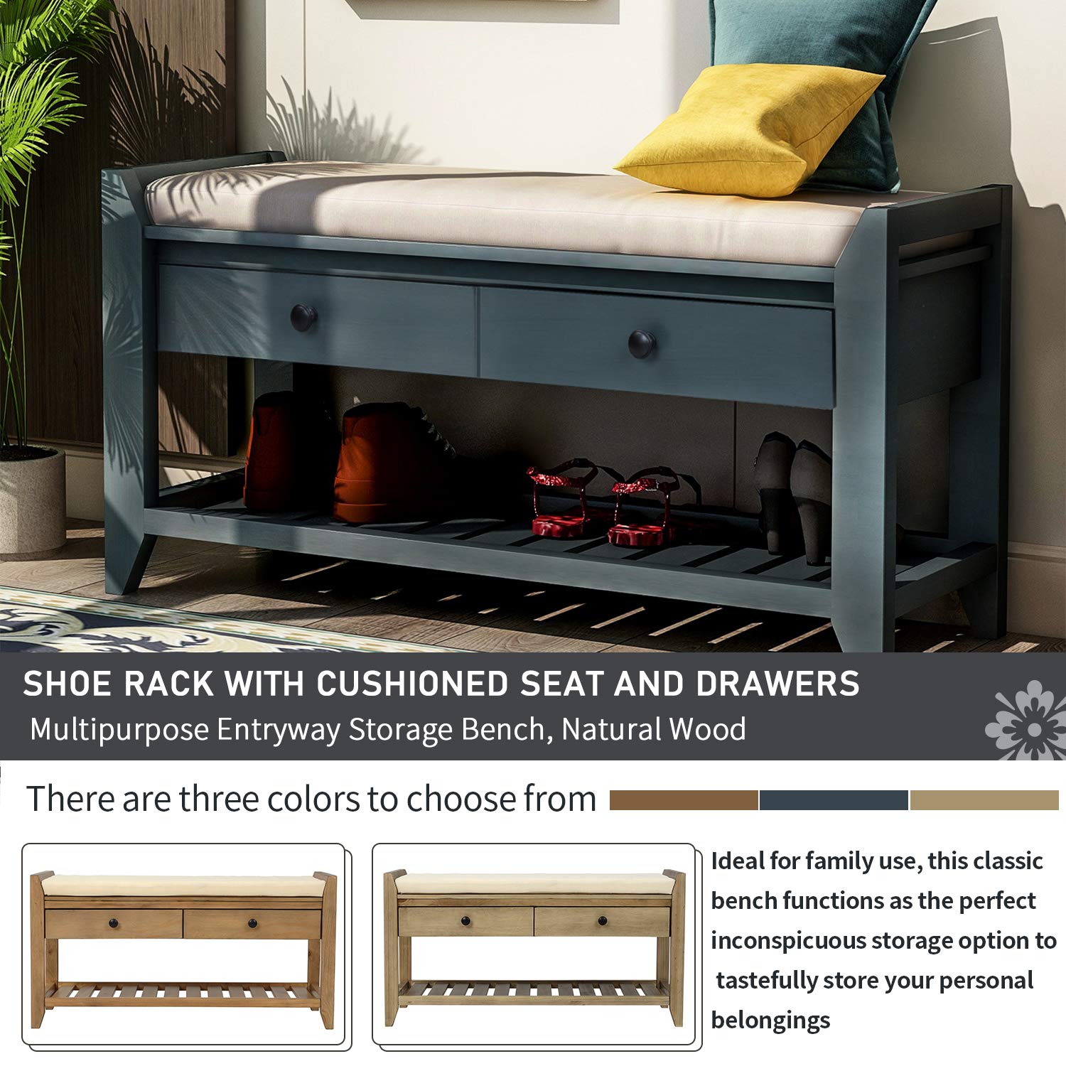 Wooden Storage Bench with Drawers & Bottom Shelf - Shoe Bench with Cushioned Seat for Hallway, Living Room & Entryway - Antique Navy Finish - Perfect for Entryway Organization & Shoe Storage