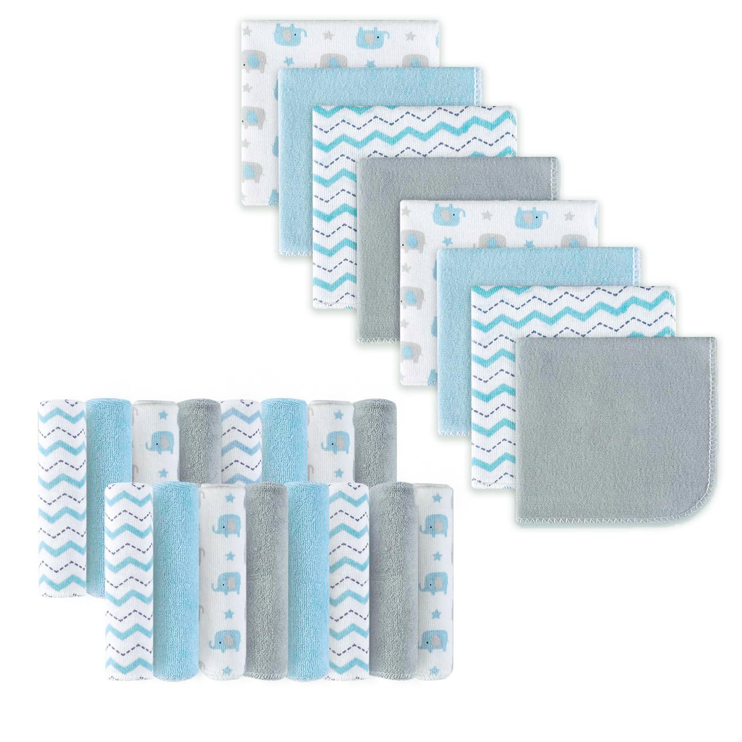 24-Pack Ultra Soft Baby Washcloths - Extra Absorbent & Gentle for Sensitive Skin | 9x9 Inch Unisex Baby Towels for Face & Body Care | Perfect for Newborns, Toddlers & Kids Bath Time (Blue Elephant Design)