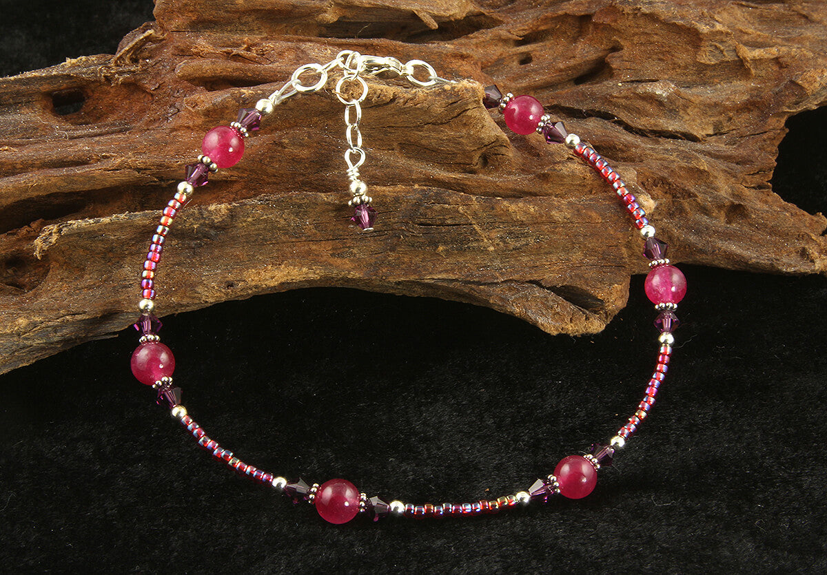 Natural Amethyst & Pink Jade Beaded Anklet Bracelet for Women - Elegant Adjustable Ankle Jewelry for Summer, Beach, Boho Style
