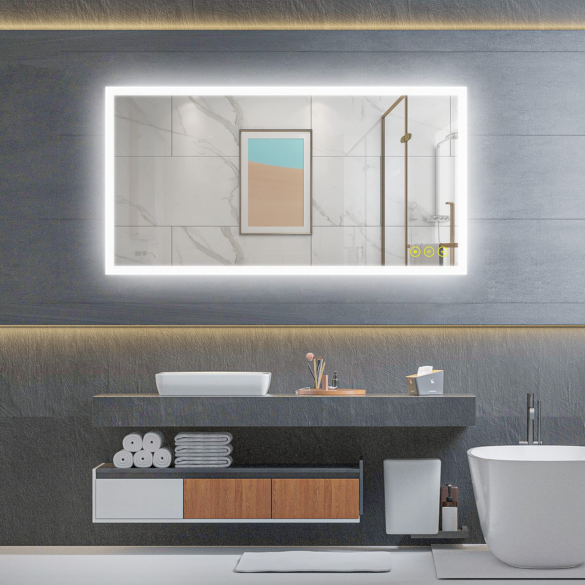 OKISS 30x36 Inch Dimmable LED Bathroom Vanity Mirror with Anti-Fog - Large Horizontal/Vertical Rectangle Makeup Mirror with Light for Home, Hotel, Office & Bar - Perfect for Makeup, Shaving & Grooming