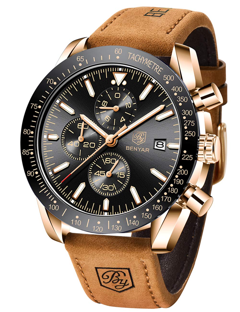 BENYAR Men's Luxury Chronograph Quartz Watch - Waterproof Business Wristwatch with Brown Leather Strap | Perfect for Office, Formal Events & Everyday Wear