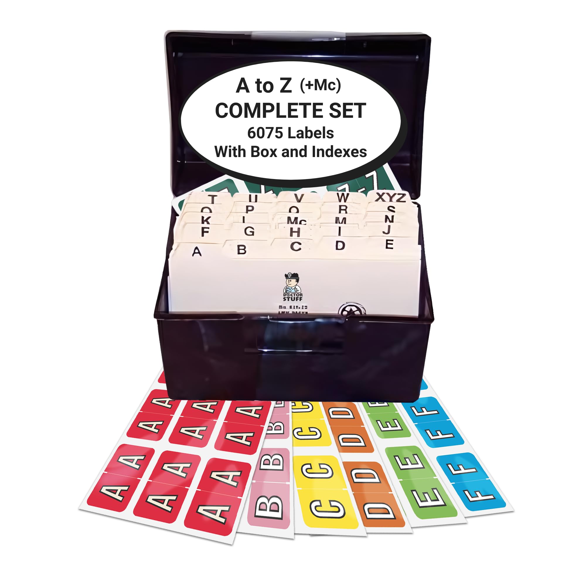 Alphabet Labels for File Folders - A to Z Plus Mc Complete Set with File Box & Indexes (6075 Labels, 225 Stickers per Letter) | Compatible with Barkley/Sycom FABKM-BRAM Series | Perfect for Doctors Offices, Medical Records & Office Organization