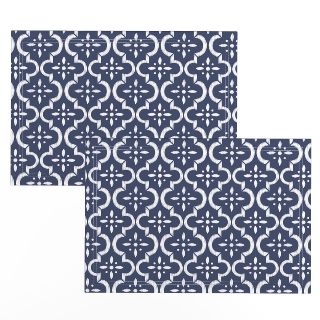 Premium Linen Cotton Canvas Placemats Set of 2 - Navy Ikat Moroccan Floral Print Table Mats for Dining Room Decor, Kitchen Table Setting & Home Entertaining