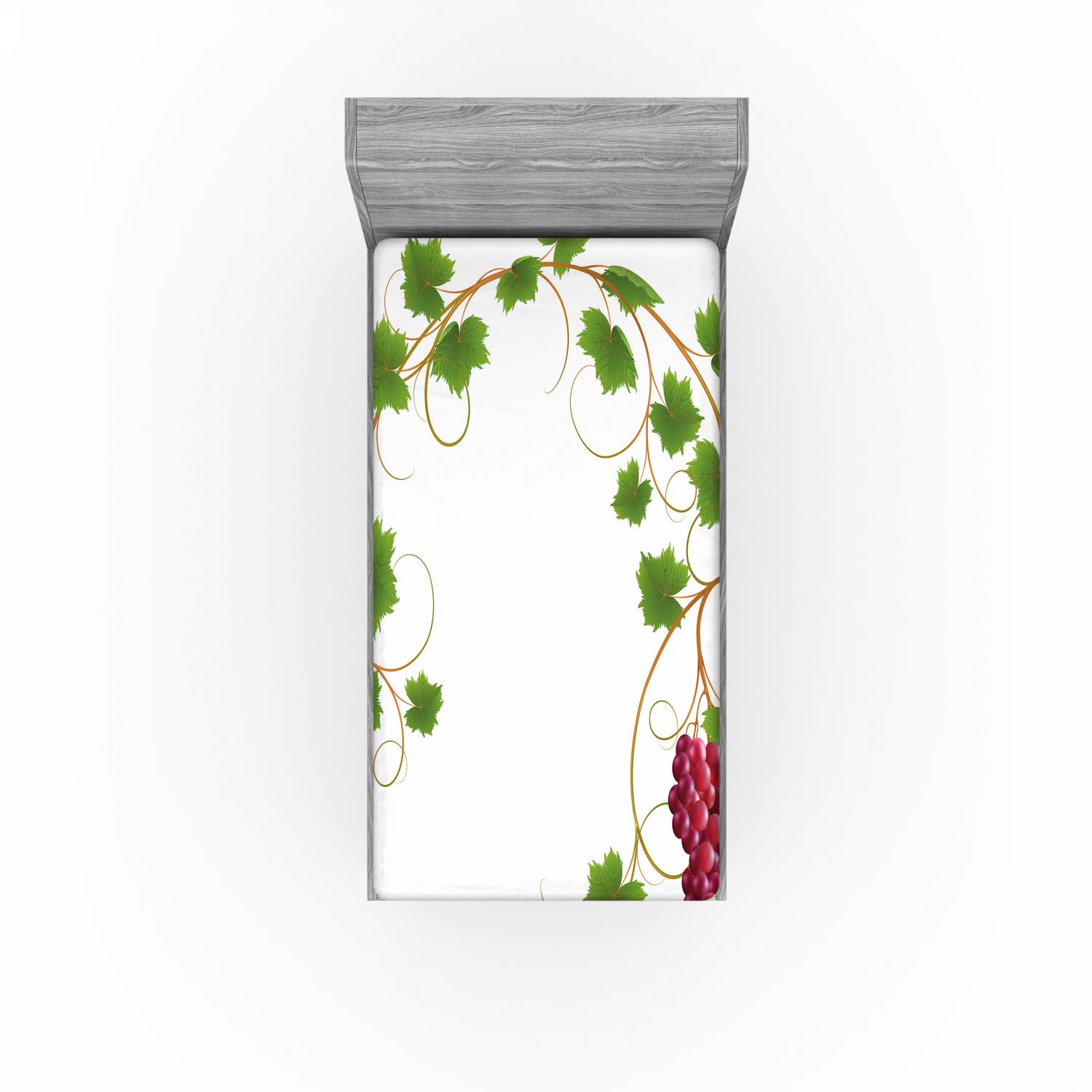 Ambesonne Vineyard Fitted Sheet - Curved Ivy Branch Cabernet Wine Theme Print, Deep Pocket Elastic Twin Size Bed Cover in Green & Purple | Perfect for Guest Rooms, Vineyard Weddings & Wine-Themed Bedrooms