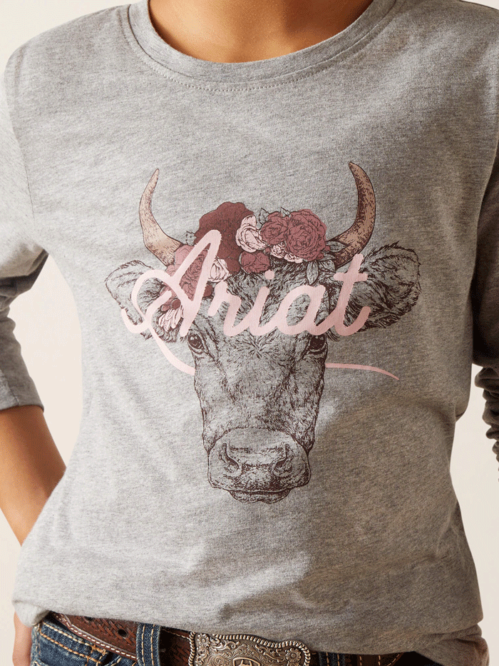 Ariat Kids Fawna Long Sleeve T-Shirt for Boys & Girls - Heather Grey Cotton Comfort Shirt for School, Play & Outdoor Activities