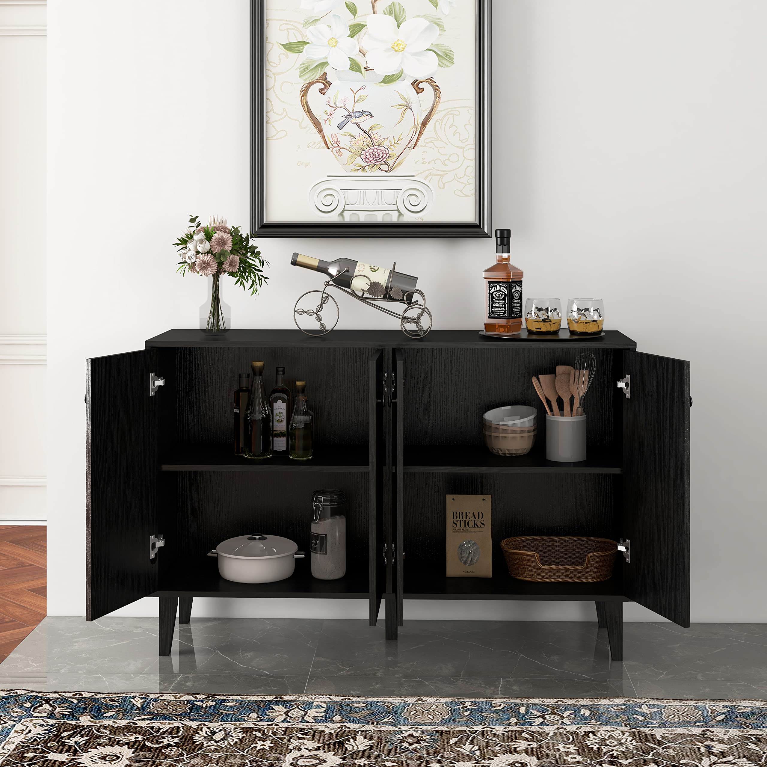 Panana Sideboard Buffet Cabinet - 4 Door Kitchen Storage & Living Room Console Table in Black | Perfect for Dining Room Organization & Entryway Decor